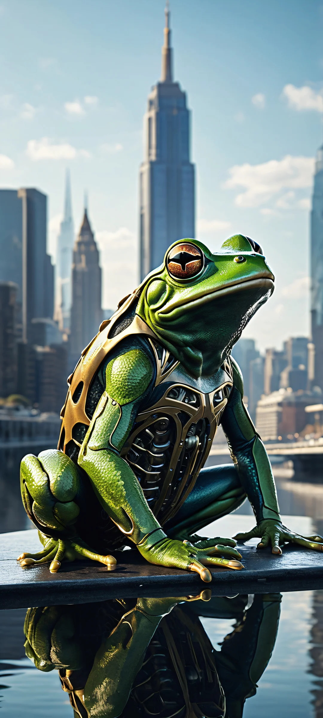 A mechanical frog sits in a serene urban setting with a modern city skyline and reflections on the water's edge. Perfectly optimized for iPhone, Samsung Galaxy, and Android home screens.