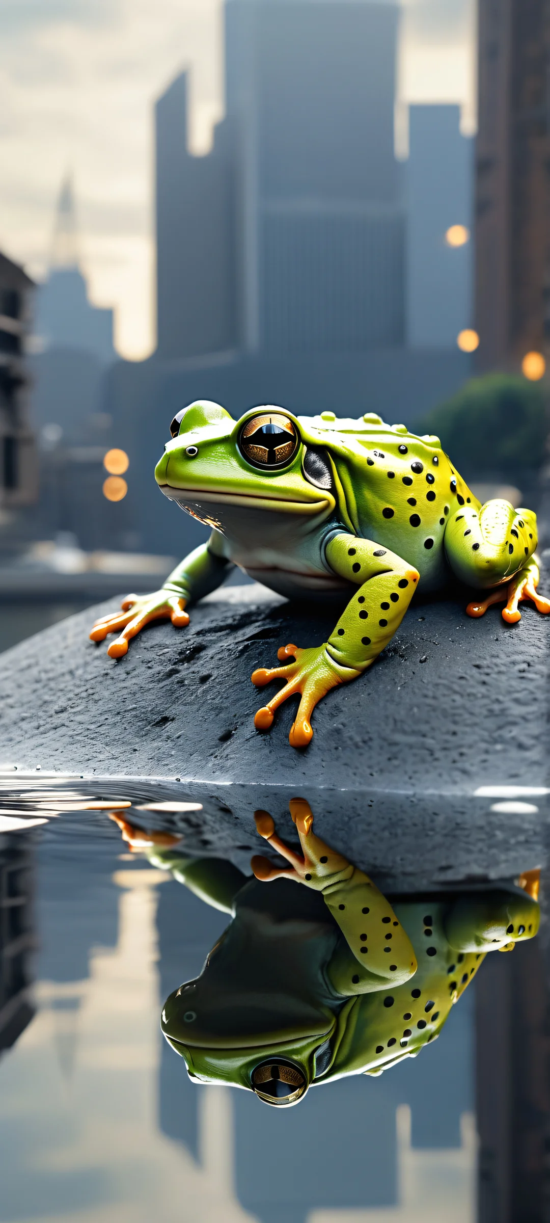 iPhone and Android users will love this breathtaking mechanical frog portrait artwork, set against a serene urban cityscape. Perfect for phone wallpapers!