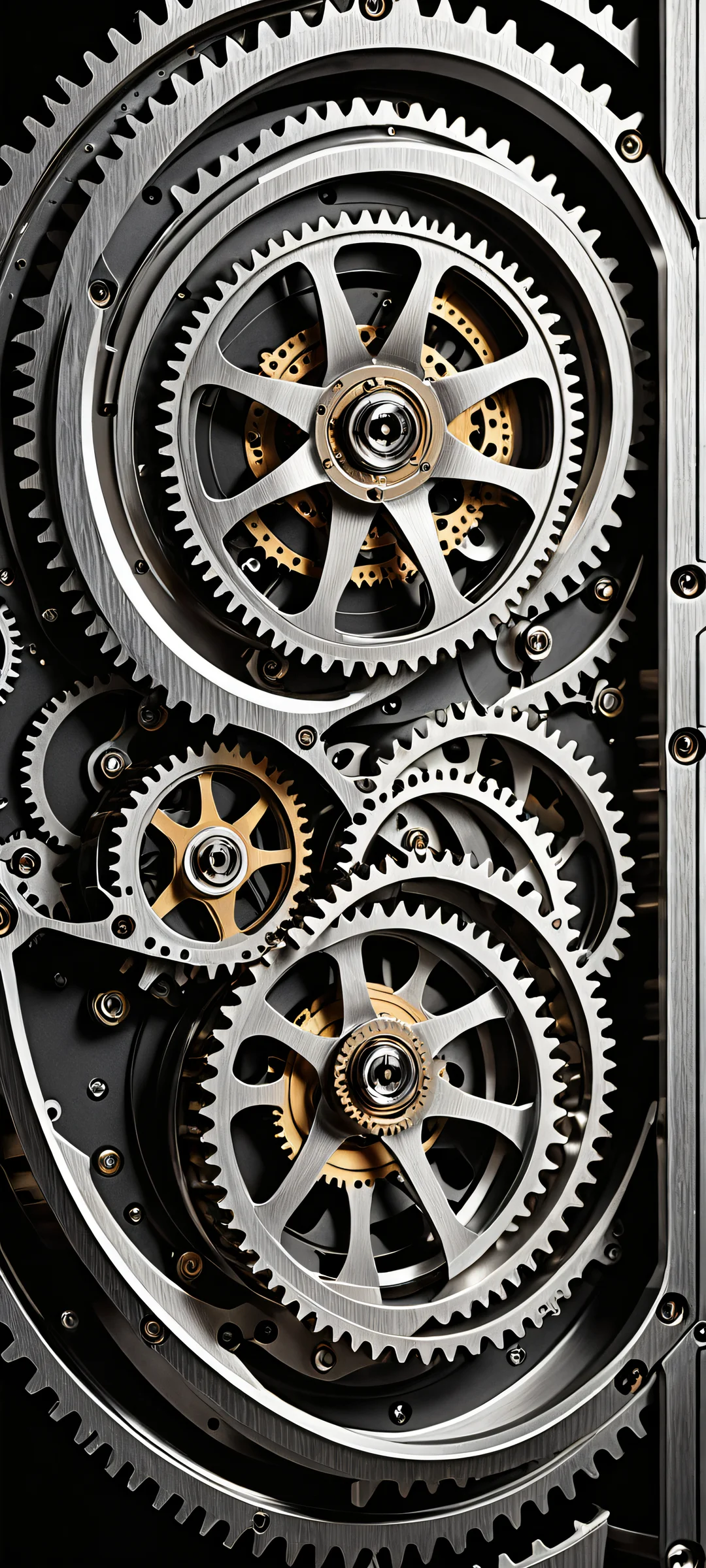 A stunning mechanical gear artwork perfectly optimized for iPhone and Android home screens, featuring intricate micro-details and a sleek dark mode aesthetic.