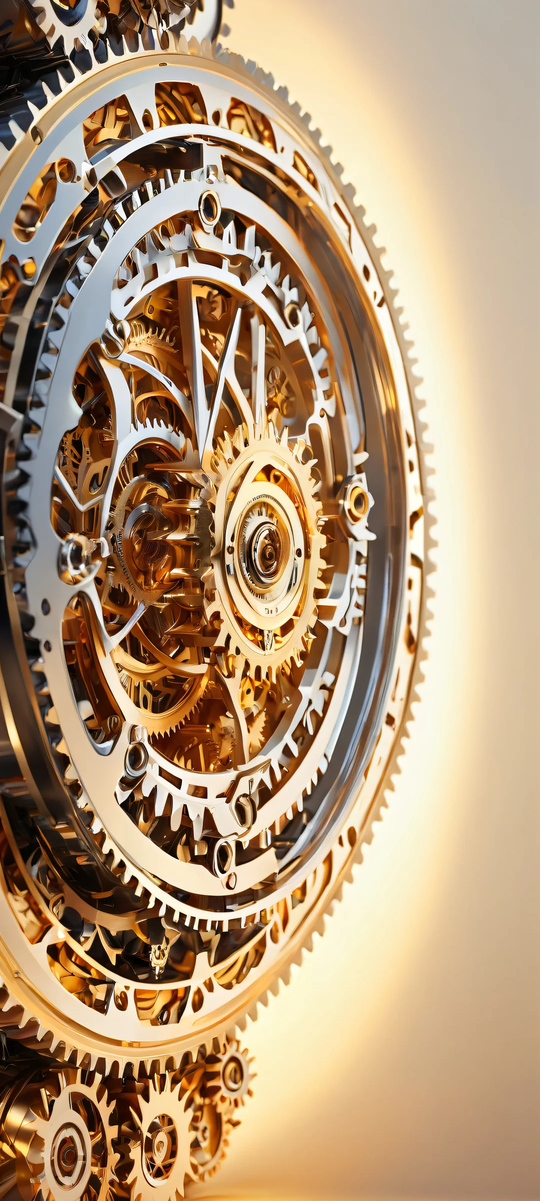 複雑なディテールを持つ繊細な機械歯車と温かみのある金色のトーンが特徴のiPhone/Android用壁紙, ホーム画面に最適.