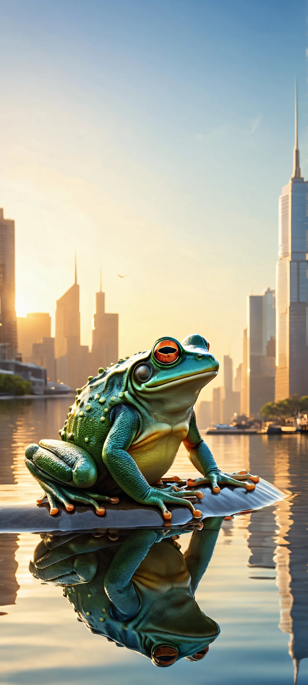 A mechanical frog amidst a serene urban setting with children fishing by the water's edge. Perfeitamente otimizado para iPhone, Galáxia Samsung, e telas iniciais do Android.