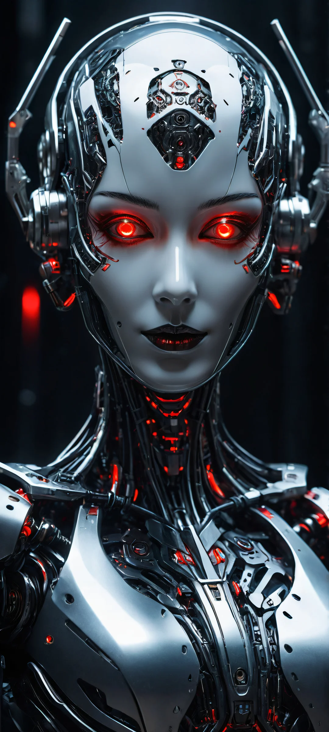 Futuristic robot girl with glowing red eyes on a sleek dark mode background suitable for iPhone or Android devices.