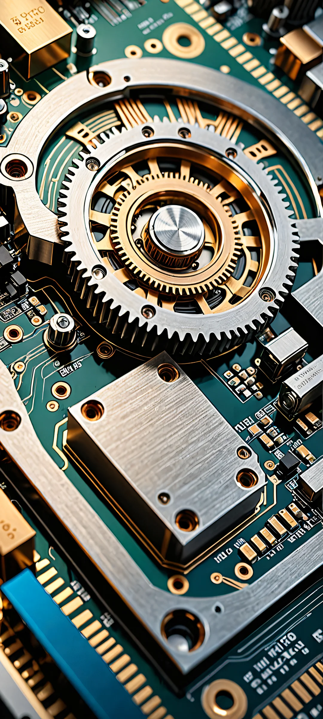 Mechanical Harmony Aesthetic Phone Wallpaper iPhone and Android users will love this stunning vertical portrait artwork featuring a mechanical gear mechanism with subtle shading and fine textures, perfectly clean top half for seamless UI integration, and stylized circuit boards below.