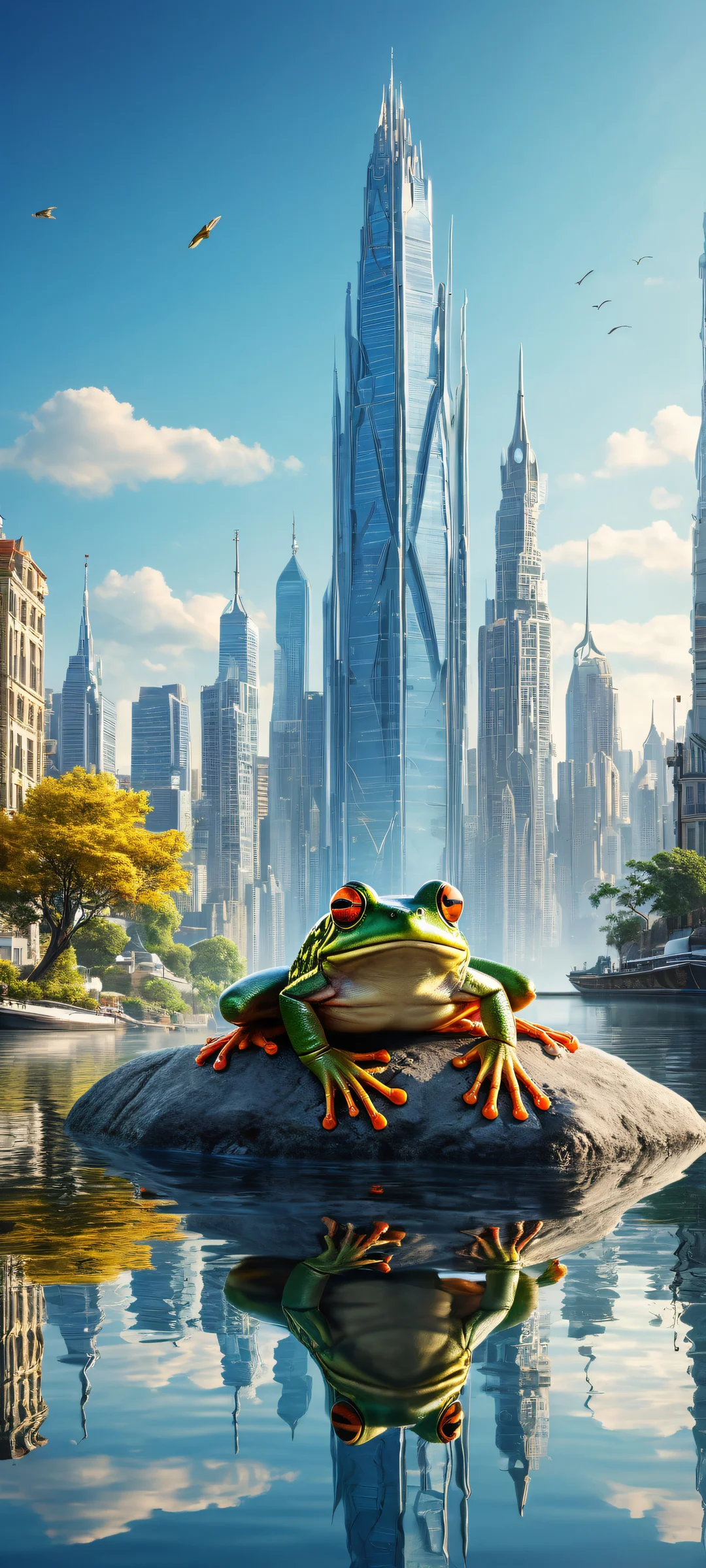A mechanical frog amidst a city skyline with children fishing by the water's edge on an iPhone or Android device.