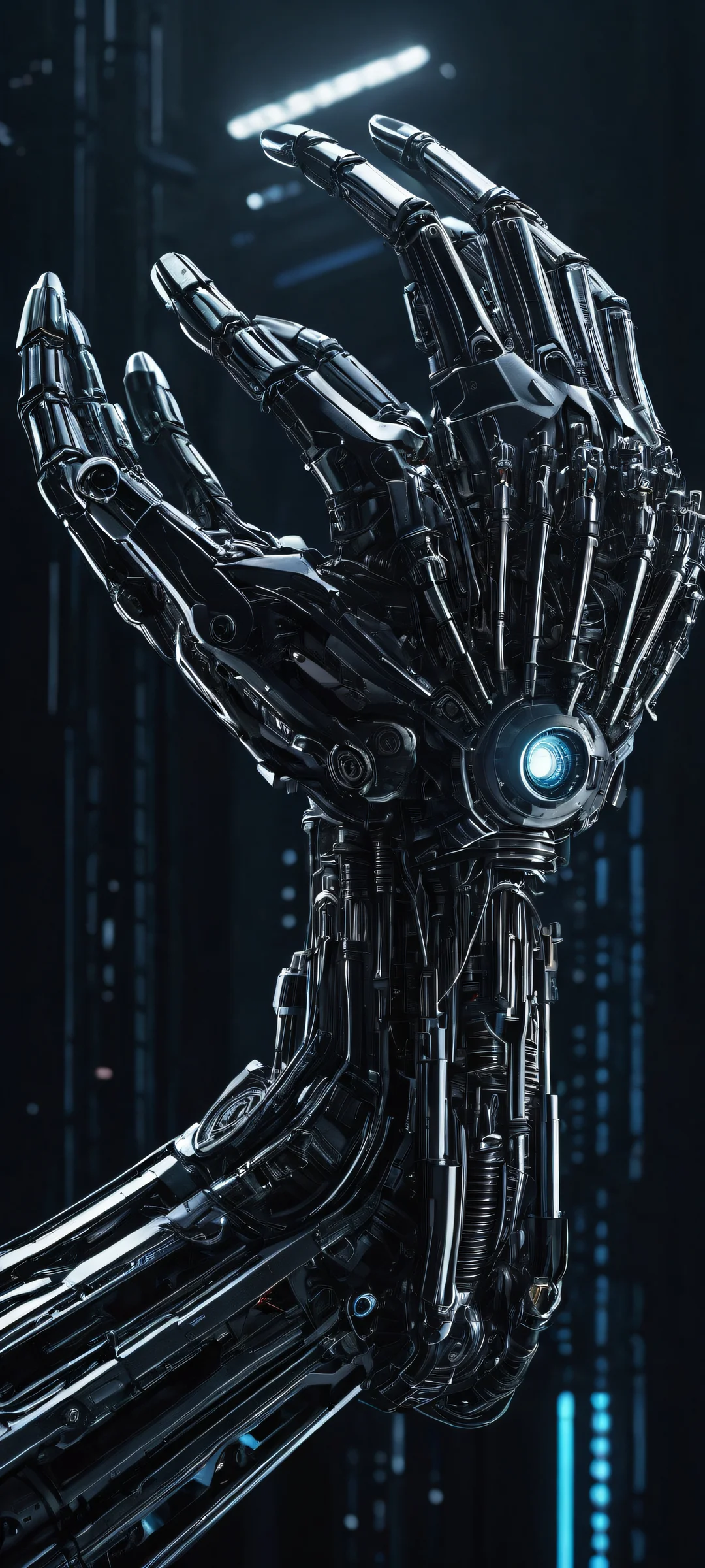 Intricate robotic arm against a clean void, with labyrinthine wires and circuitry. Perfect for iPhone/Android home screens.