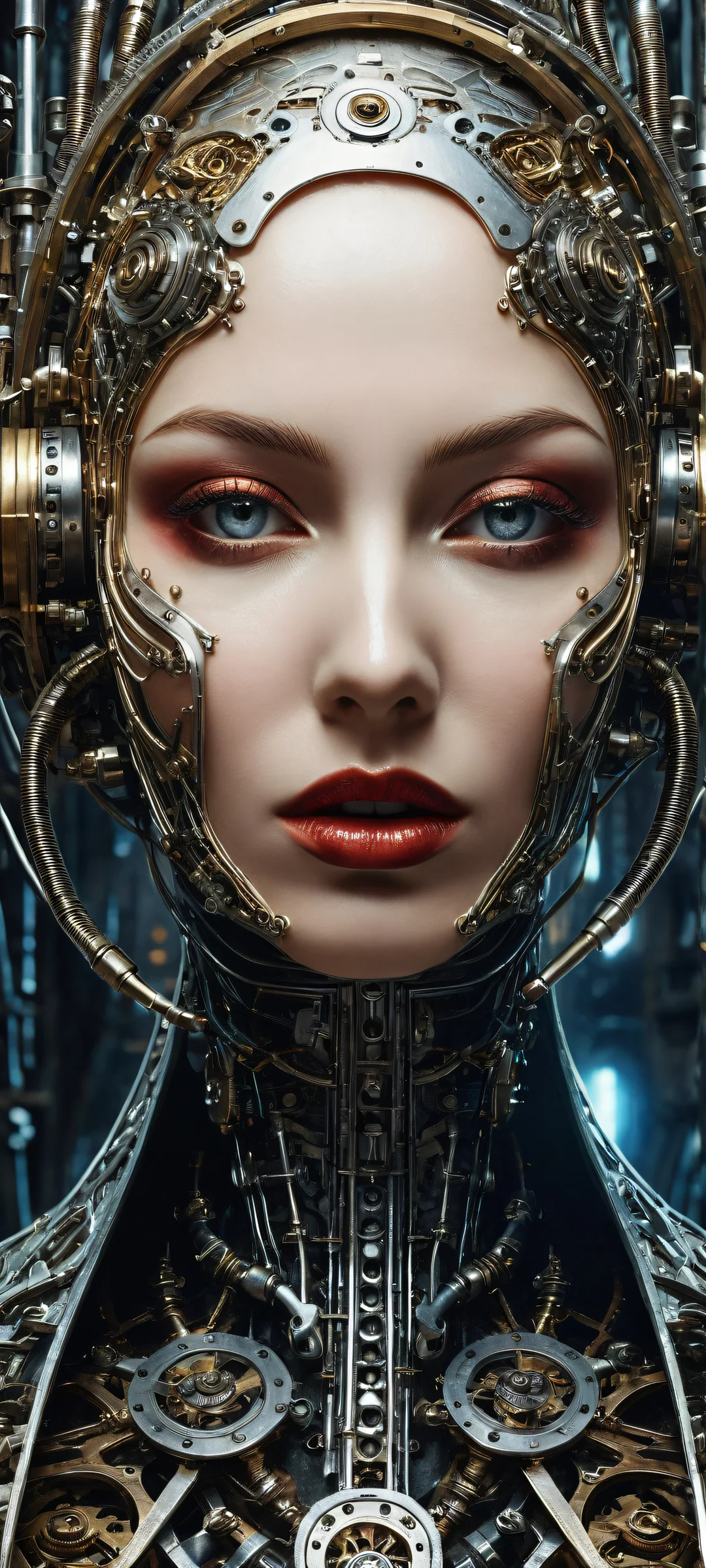 A mechanical face with intricate details on an iPhone/Android home screen, surrounded by a void and fabric, perfect for UI widgets.