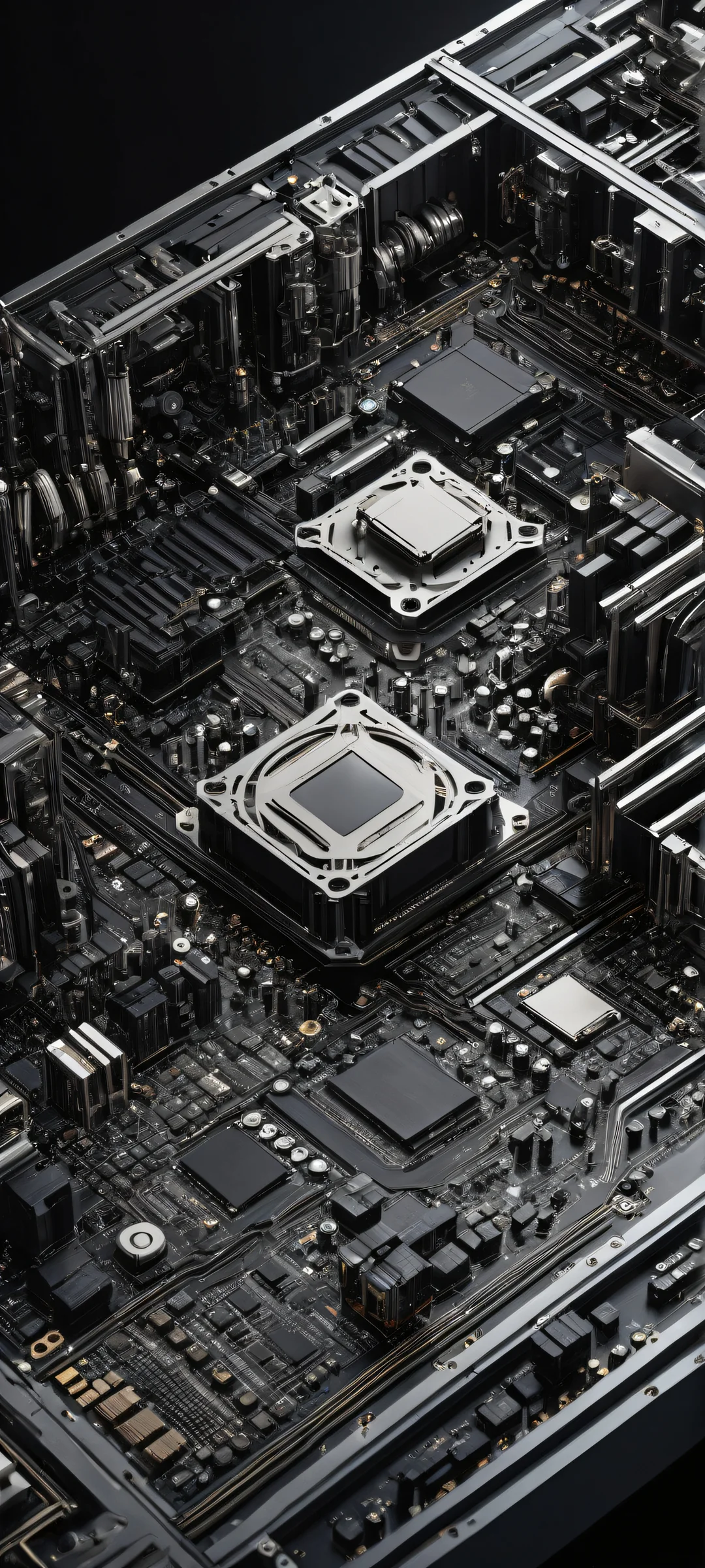 Mechanical Symphony iPhone & Samsung QHD-Hintergrundbild Breathtaking digital art of mechanical components on a pristine black background, perfect for iPhone or Android home screens.