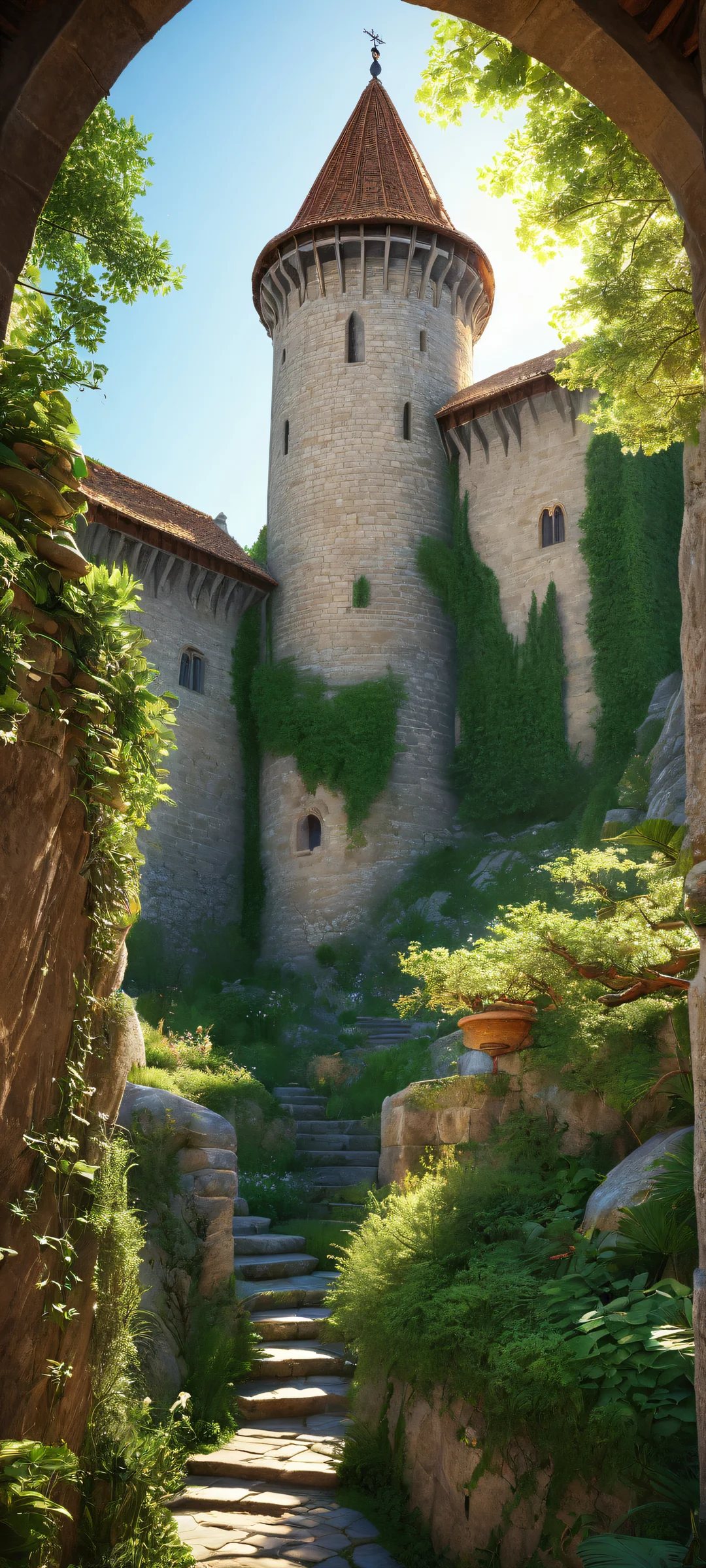 iPhone and Android users will love this stunning medieval tower wallpaper with intricate details, lush greenery, and ethereal lighting.