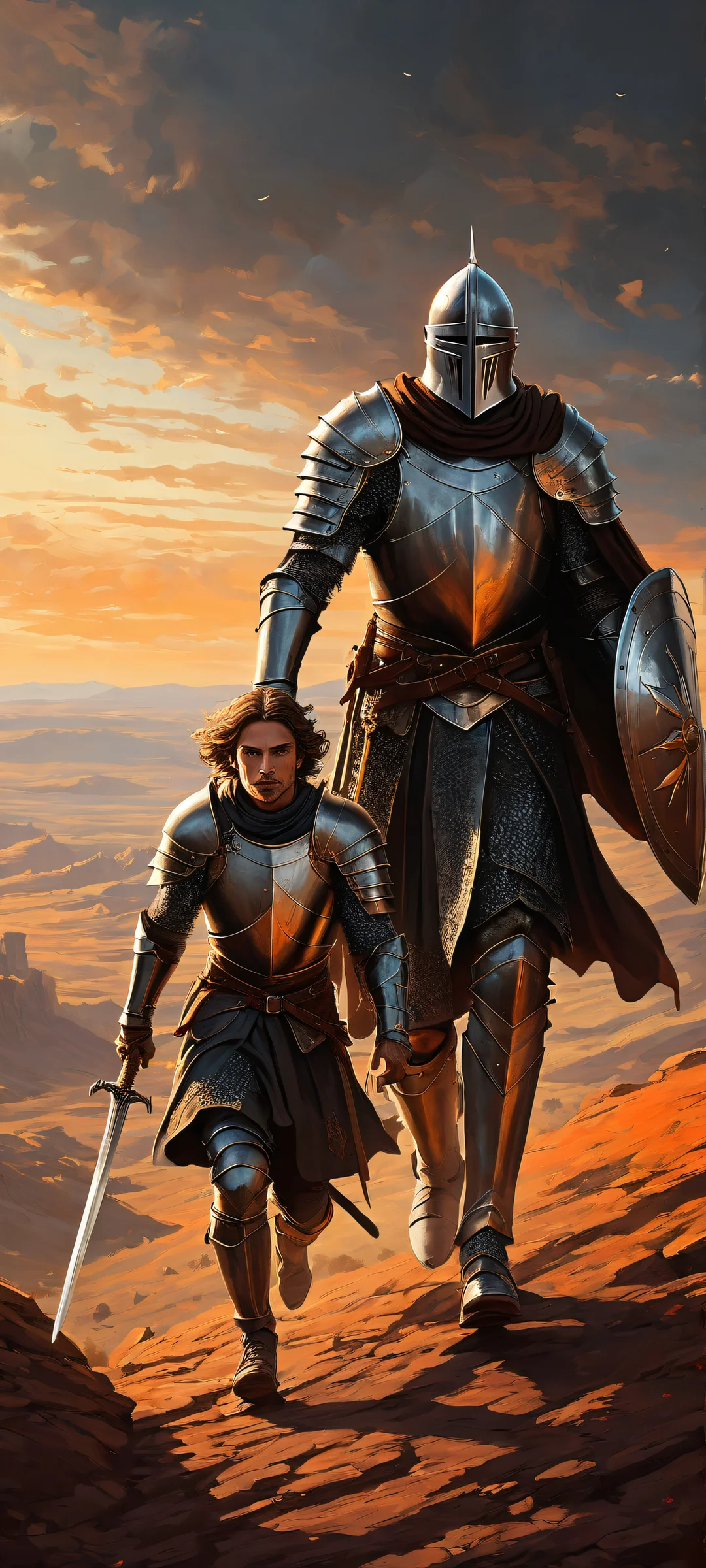 A digital artwork of a knight and vassal in medieval armor, running together with swords and shields, iPhone/Androidのホーム画面に完全に最適化.