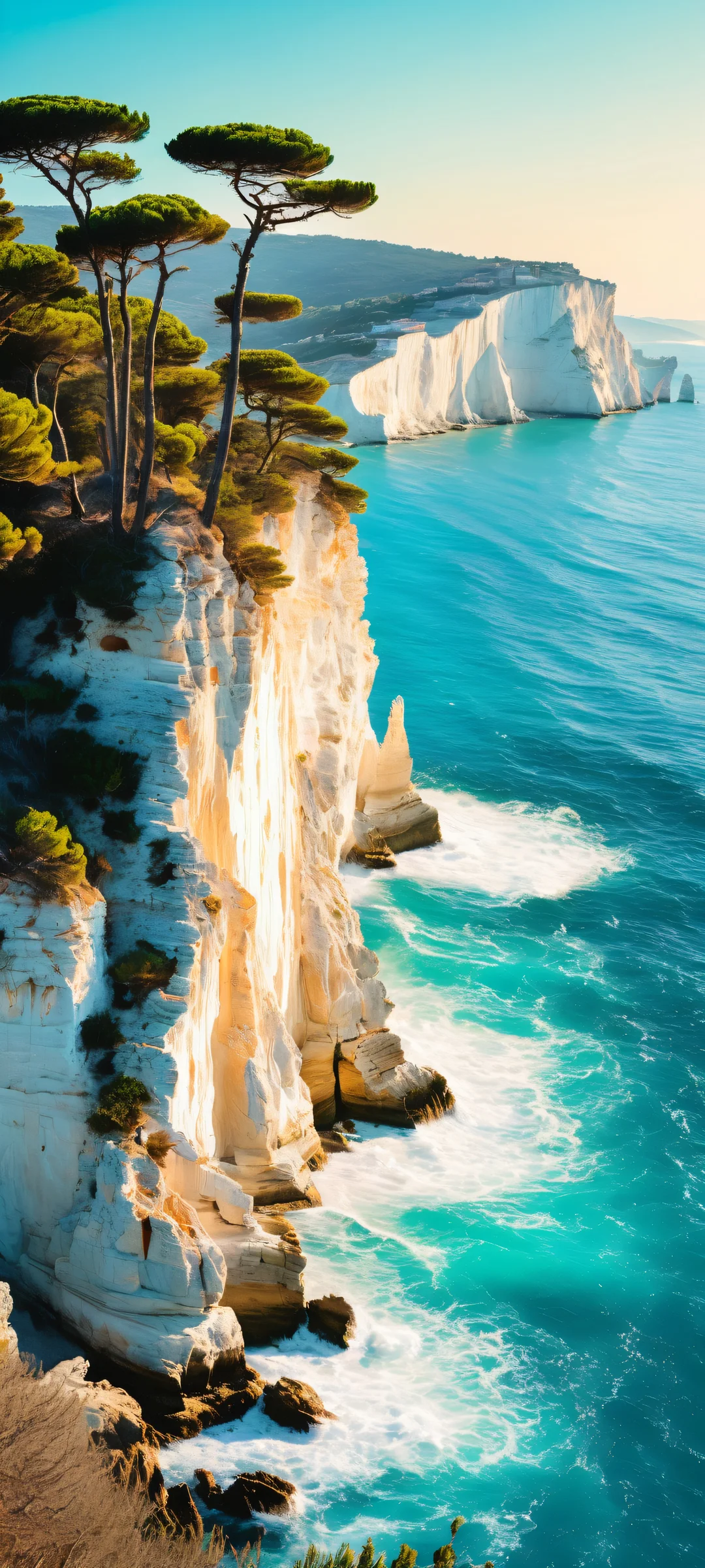 A serene Mediterranean coastline at sunset with iPhone/Android in mind. Perfectly optimized for your home screen.