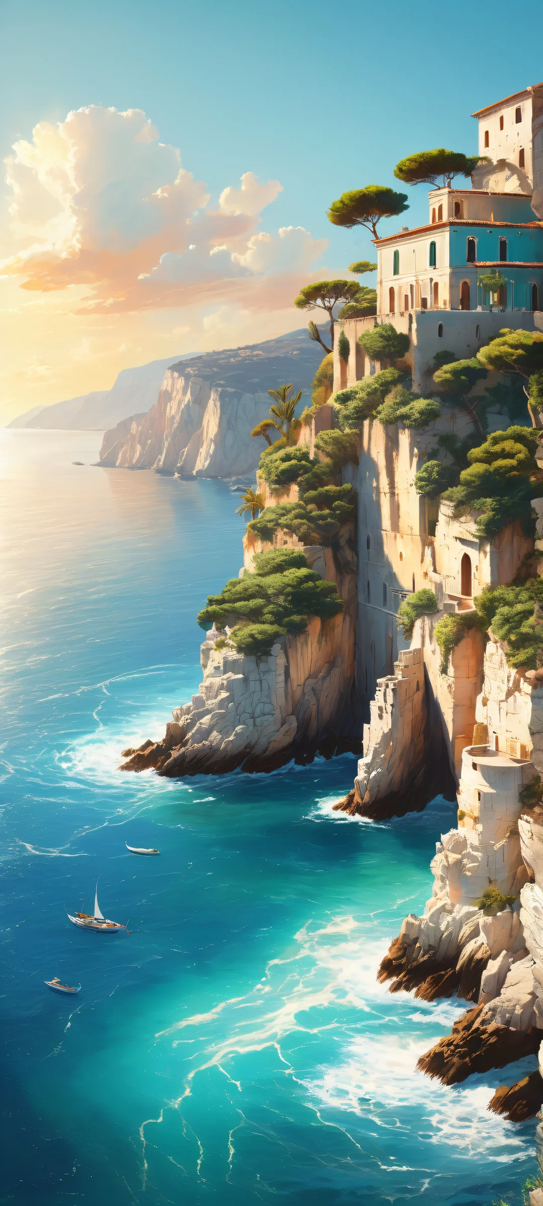 Whimsical digital painting of a serene Mediterranean coastline at sunset, featuring an intricately detailed floating castle and turquoise waters crashing against white cliffs, perfectly optimized for iPhone/Android home screens.