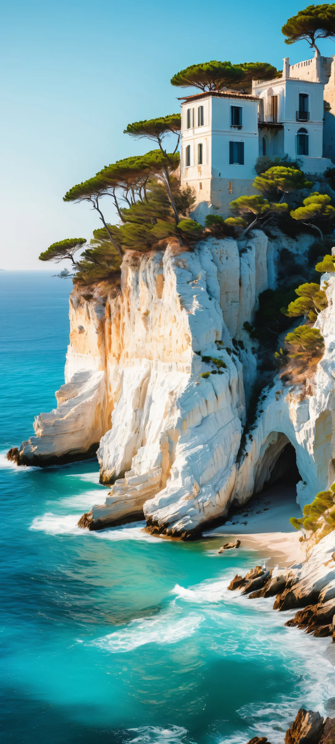 iPhone/Android users will love this breathtaking digital artwork of a Mediterranean coastline at sunset, featuring ruins of a floating castle and cypress trees swaying in the wind.