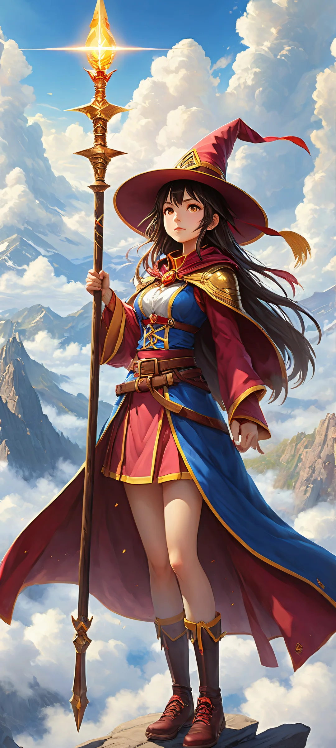 Megumin's magical staff and runes on a serene overcast sky for iPhone/Android wallpapers