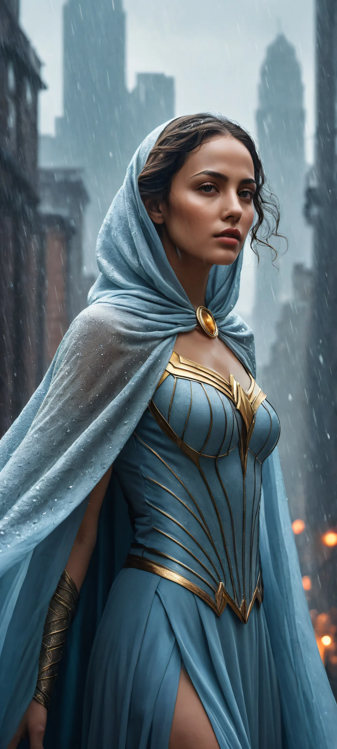 A melancholic masked heroine against a rainy cityscape on an iPhone/Android device, showcasing intricate micro-details and ethereal lighting.