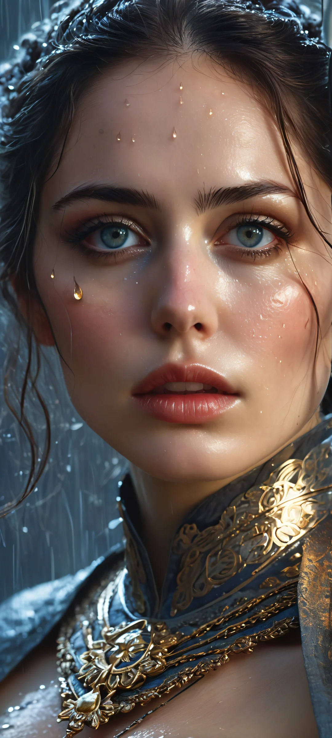 A masked heroine rests her hand on her rapier as rain falls, perfectly optimized for iPhone and Android home screens.