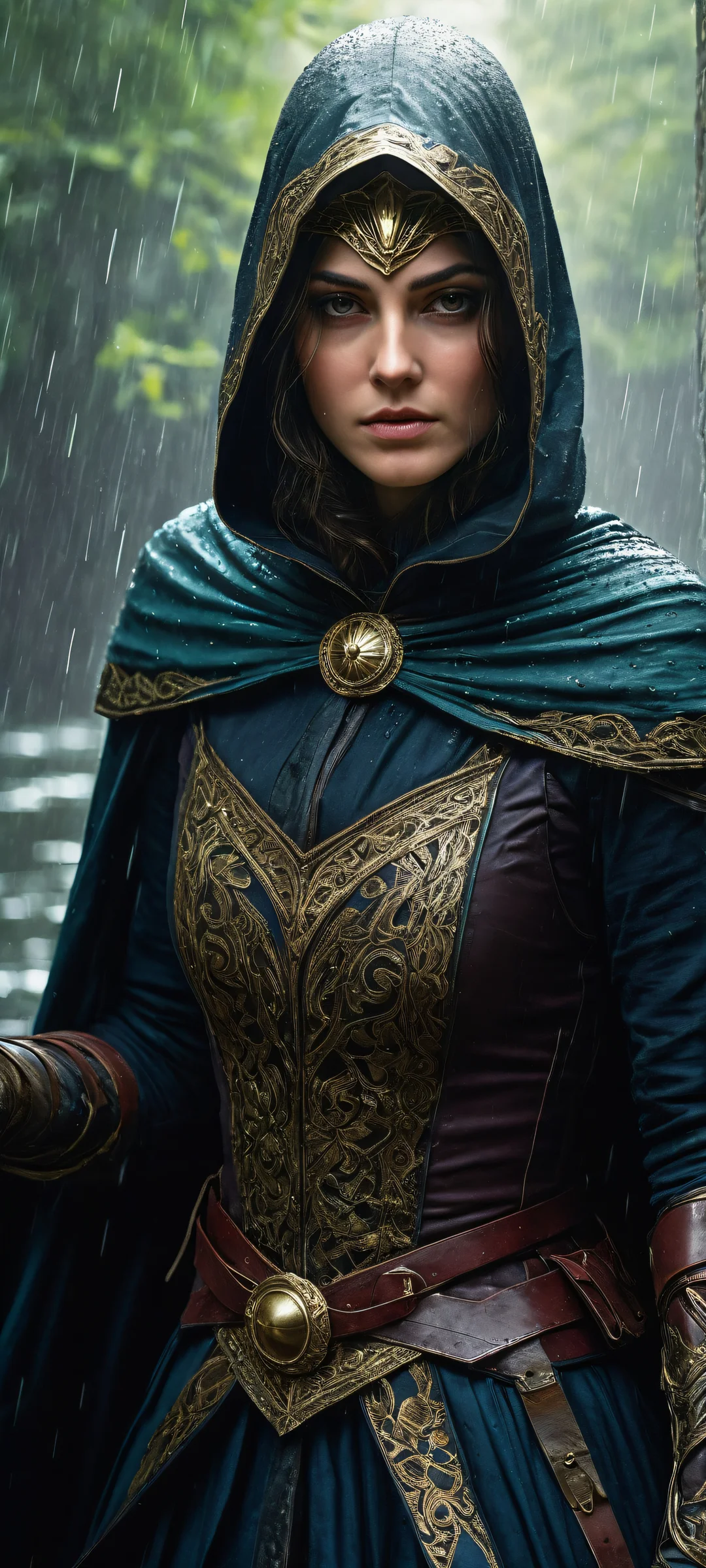 A masked heroine stands out against a rainy backdrop, her cape and rapier handle showcasing intricate details. Perfectly optimized for iPhone, Samsung Galaxy, and Android home screens.