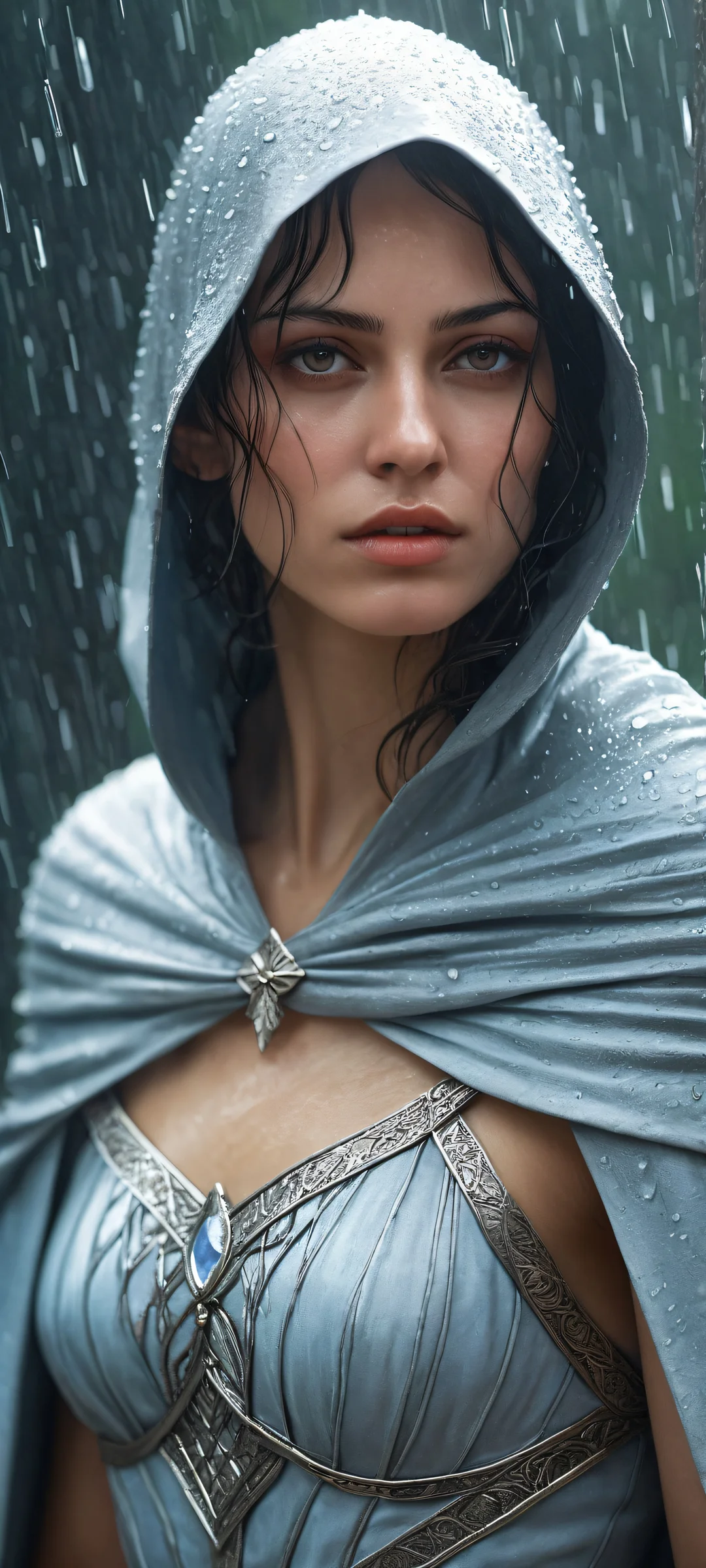 iPhone/Android wallpaper featuring a melancholic masked hero with intricate micro-details amidst the serenity of rain.