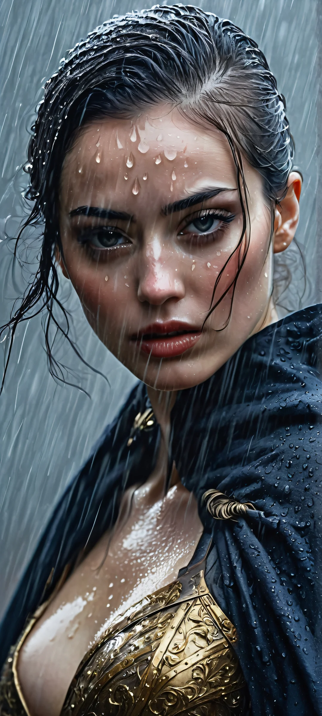 A masked heroine stands alone in the rain, iPhone/Android