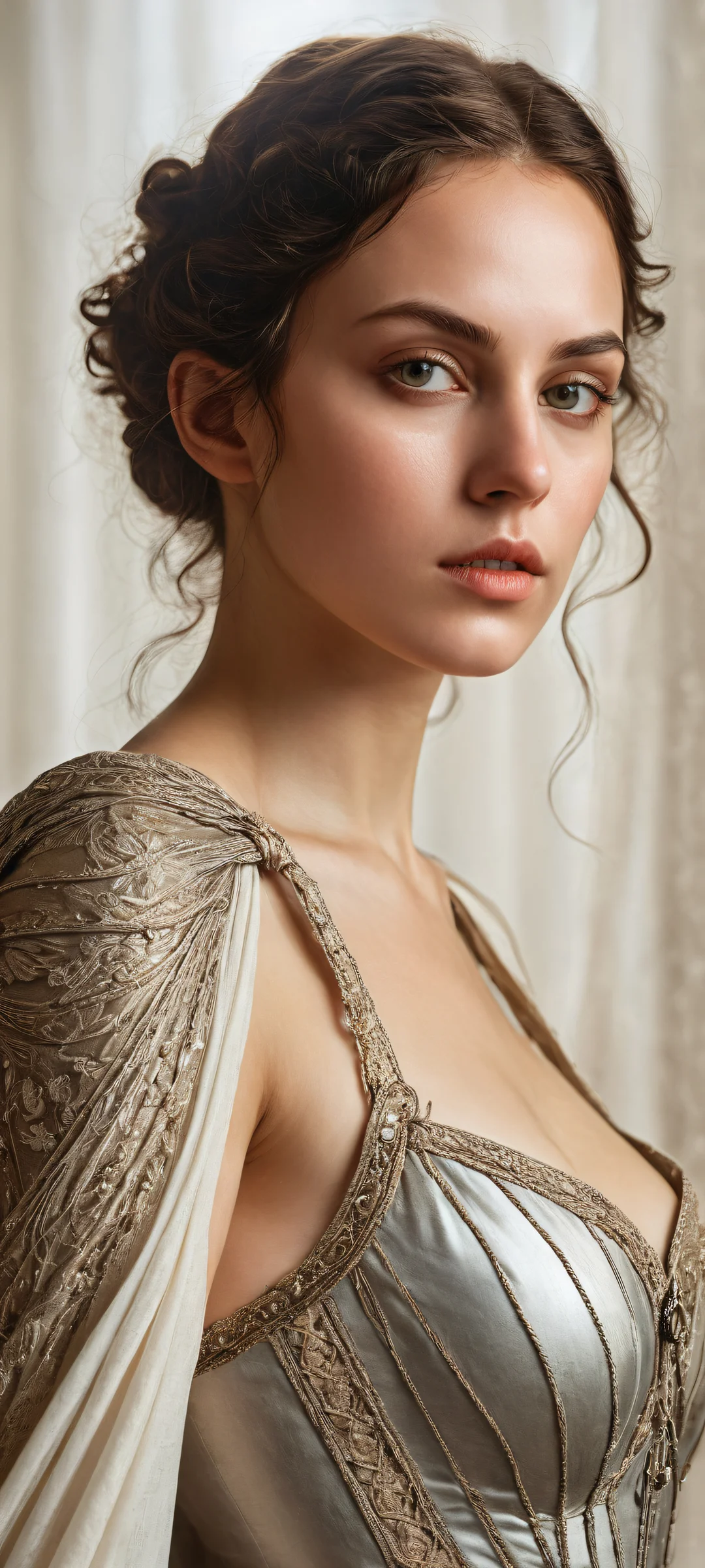 A melancholic masked heroine gazes sadly from the side on iPhone and Android devices, with intricate details of small and sagging natural breasts, perfectly optimized for home screens.