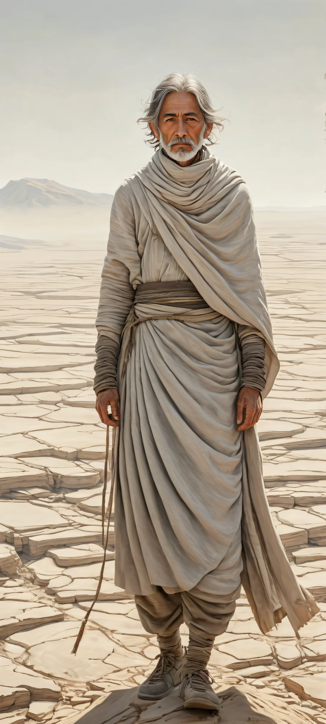 A ghibli-inspired character stands in a desolate landscape with ash-like fabric, perfectly clean top half, and ethereal lighting. Suitable for iPhone/Android home screens.