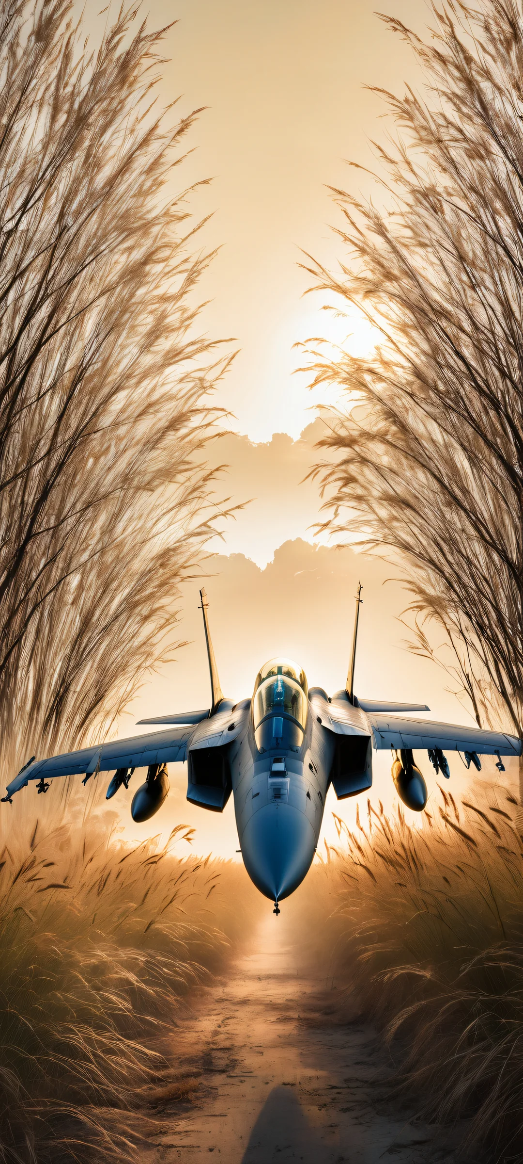 A lone figure with flowing blonde hair stands amidst wild grasses and an abandoned F-15 Eagle fighter jet, perfectly clean top half, against a pale sky that filters light without harsh shadows - iPhone/Android