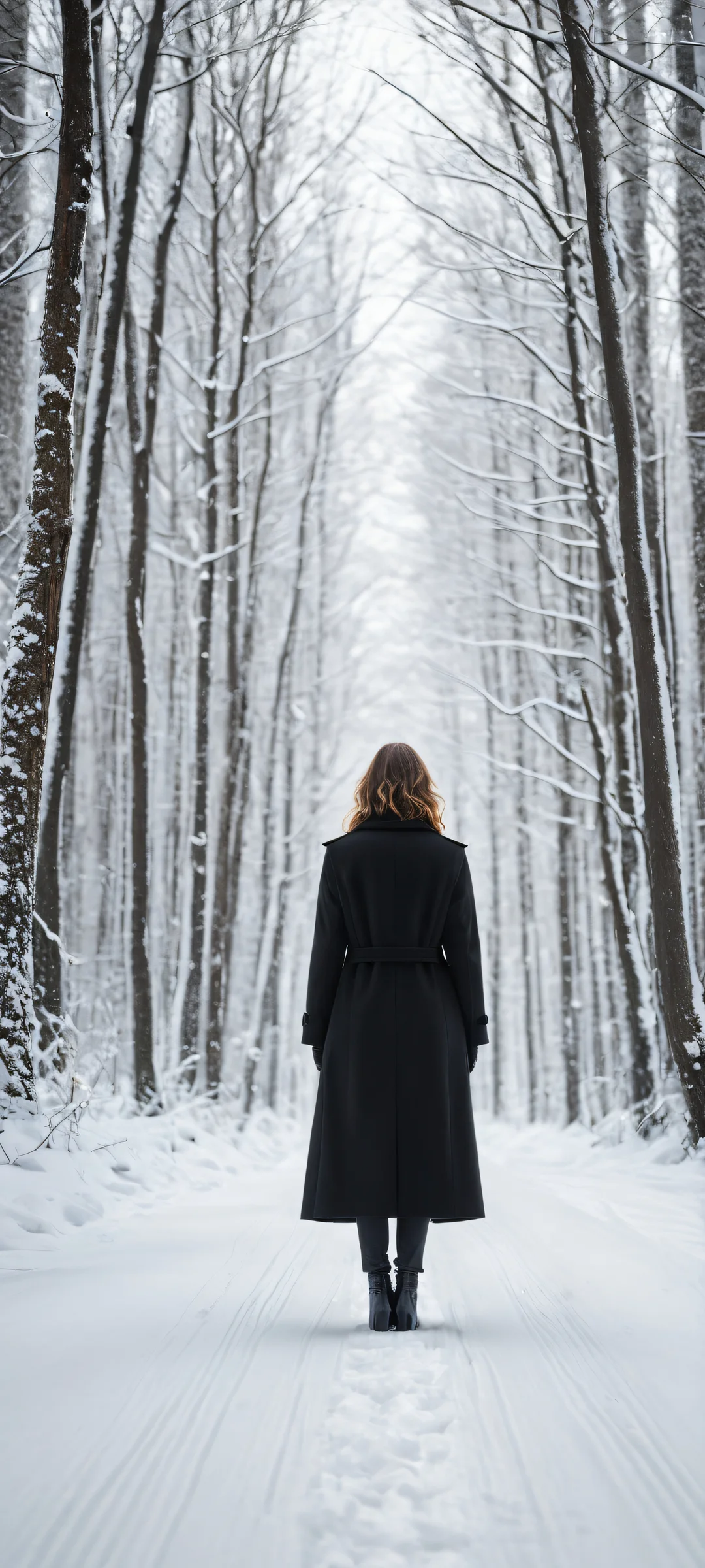A solitary woman stands in a winter forest amidst snow-dusted roads and desolate trees, perfekt optimiert für das iPhone, Samsung Galaxy, und Android-Startbildschirme.