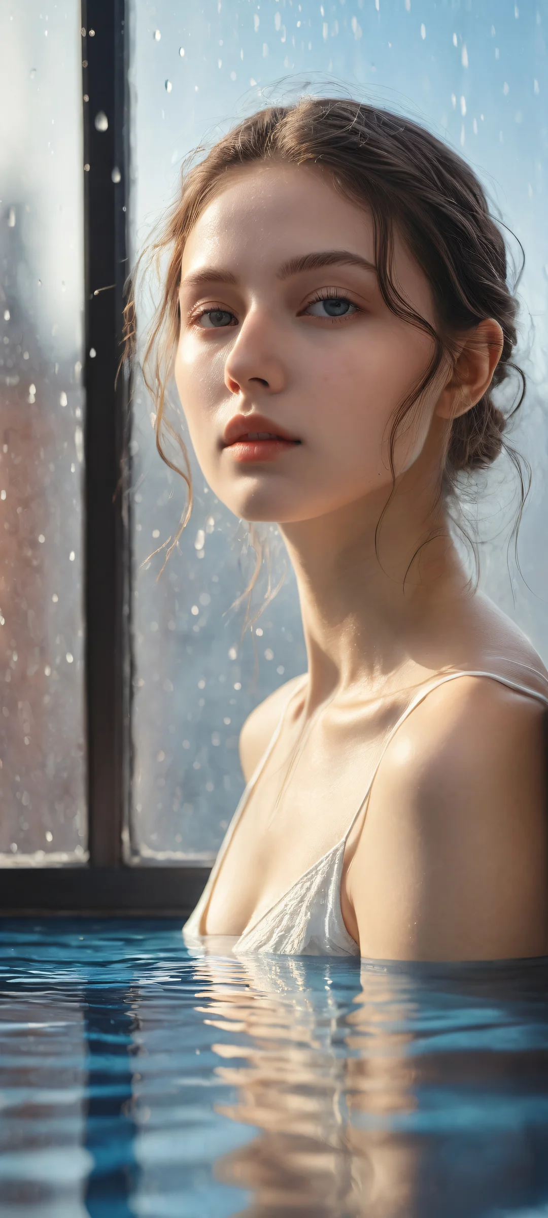 Ditto waits patiently for its trainer amidst a dimly lit room with rain pouring outside the window, perfectly capturing the melancholic atmosphere. This stunning wallpaper features iPhone/Android.