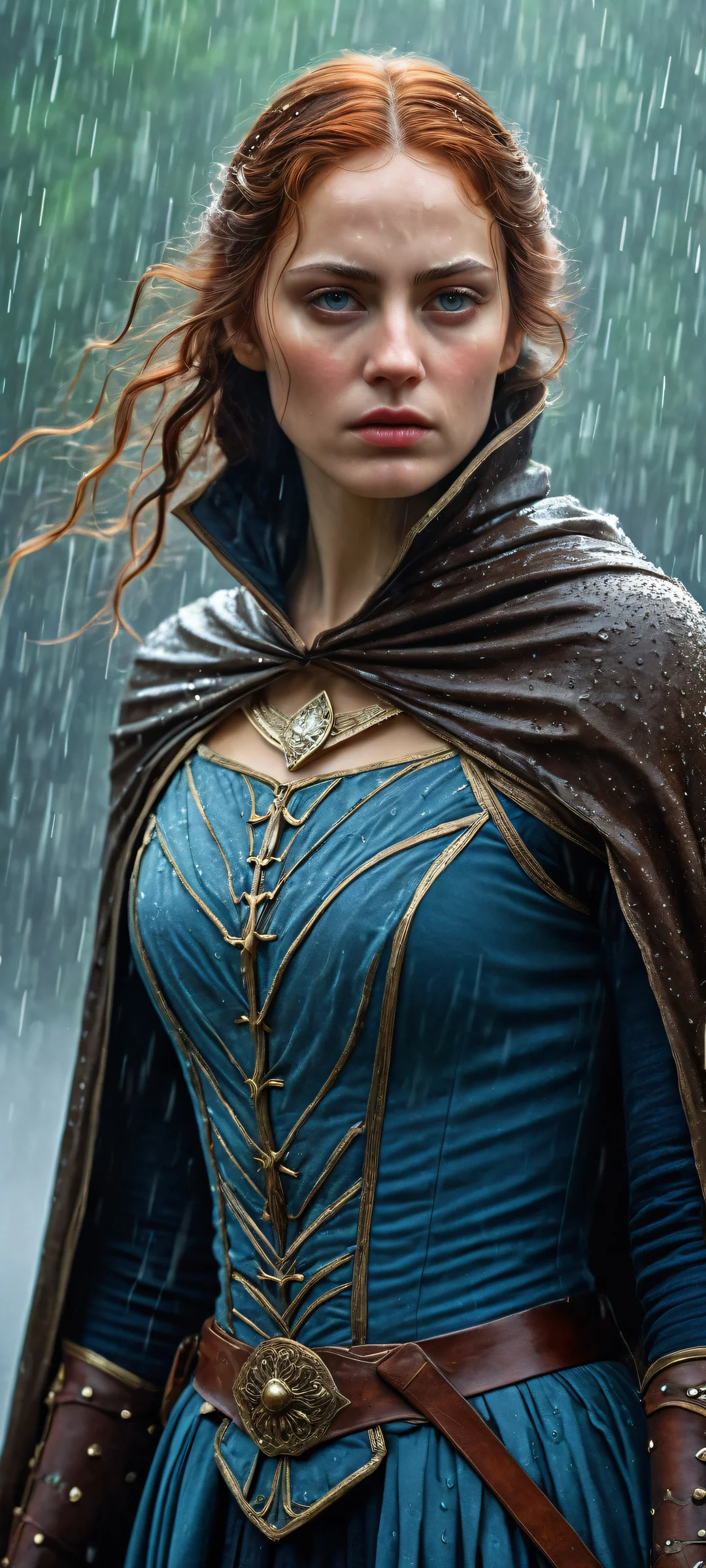 A masked heroine with a sad face, placed in the lower-middle, perfectly clean and empty top half, juxtaposed against a misty rainy background with subtle water droplets and ripples. For iPhone/Android home screens.