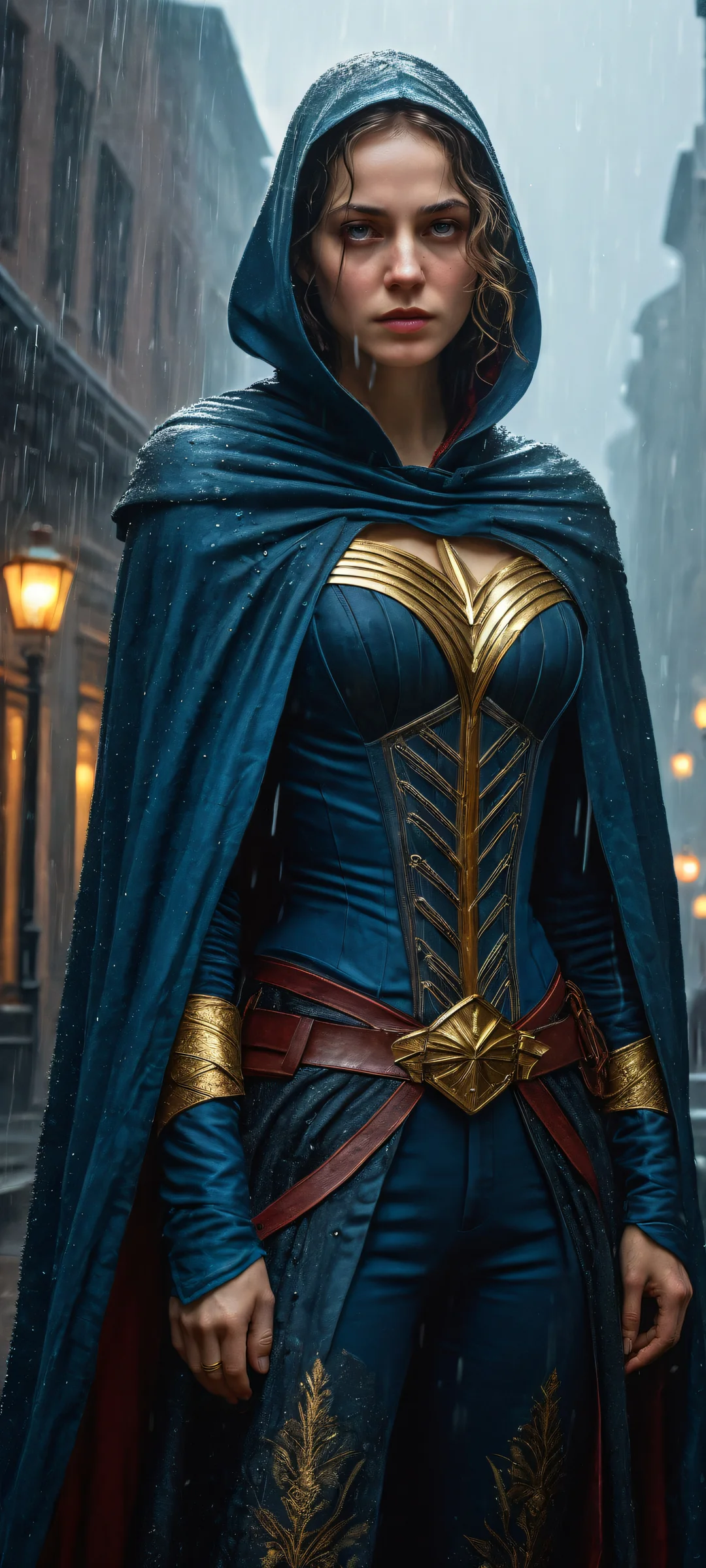 Melancholy Heroine at Dusk Lock Screen for iOS & Android A melancholic masked heroine with intricate details on her costume and environment, perfectly optimized for iPhone/Android home screens.