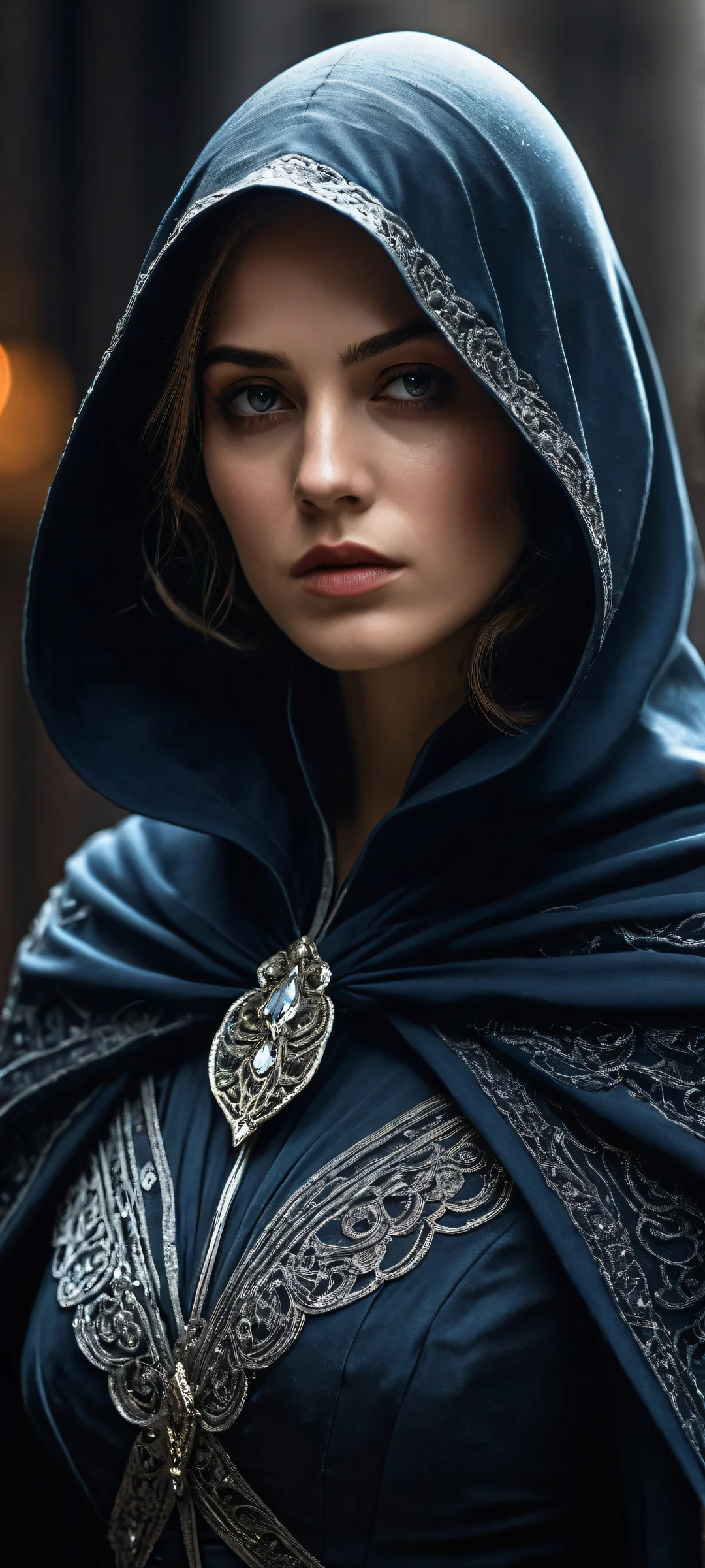 A somber masked heroine with a sad face stands in the lower-middle of the image, surrounded by intricate cape folds and rapier details. Perfectly clean top half ideal for iPhone/Android home screens.