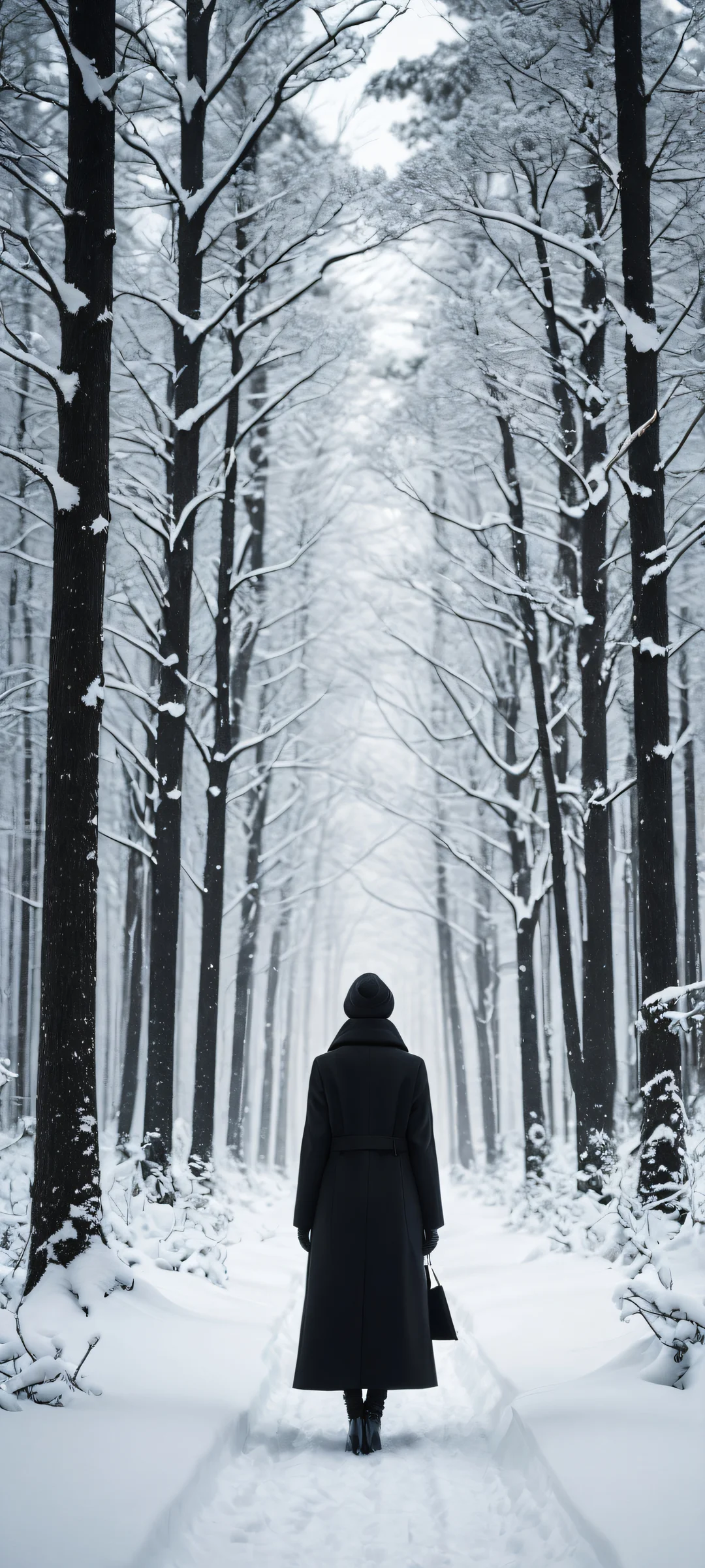 A solitary woman in a long black coat stands amidst the desolate winter forest, perfectly optimized for iPhone and Android home screens.