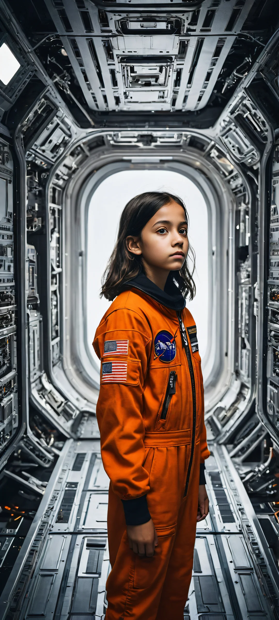 A melancholic girl stands in a surreal space station environment on an iPhone/Android mobile device.