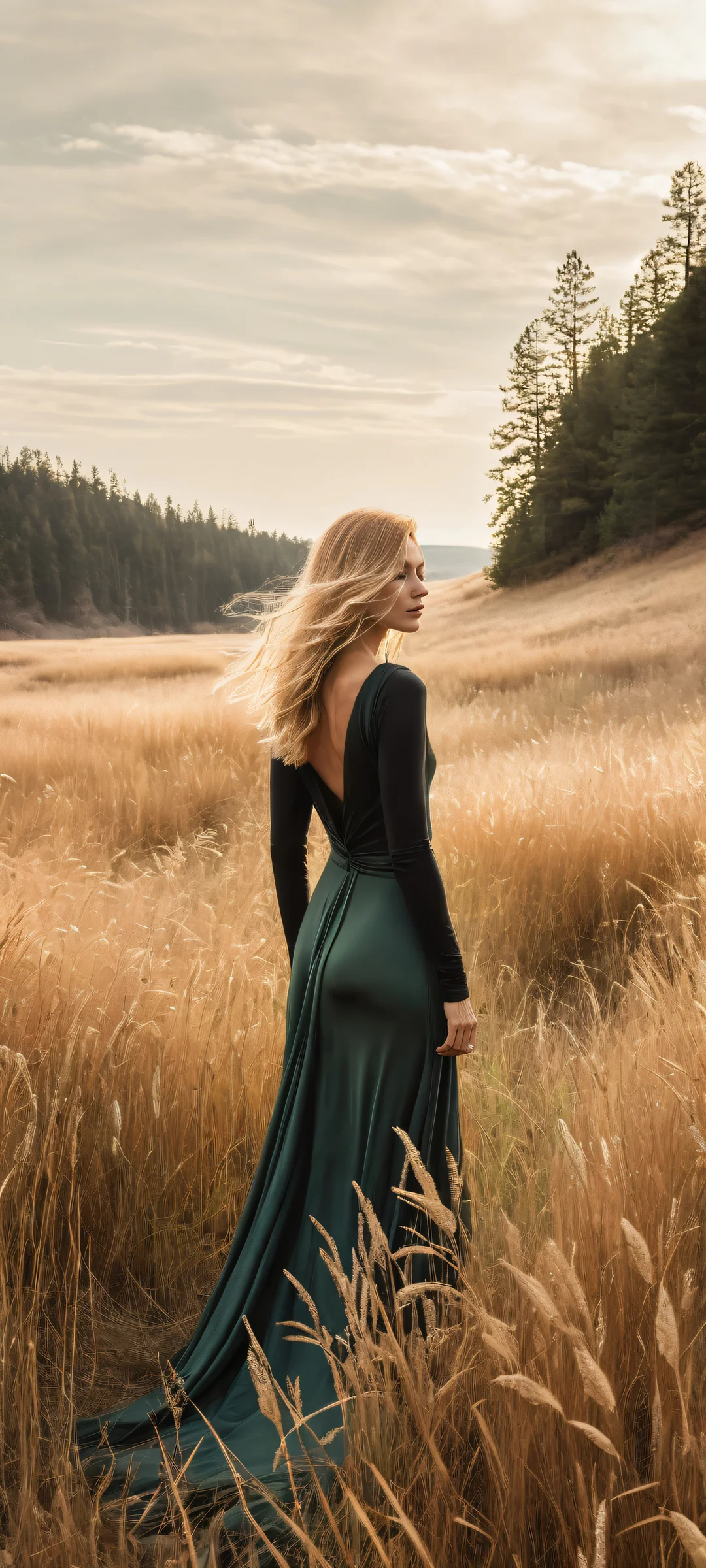 A lone figure with flowing blonde hair stands waist-deep in overgrown wild grasses against a pale, sepia-toned sky. iPhone用に完全に最適化, サムスンギャラクシー, と Android のホーム画面.