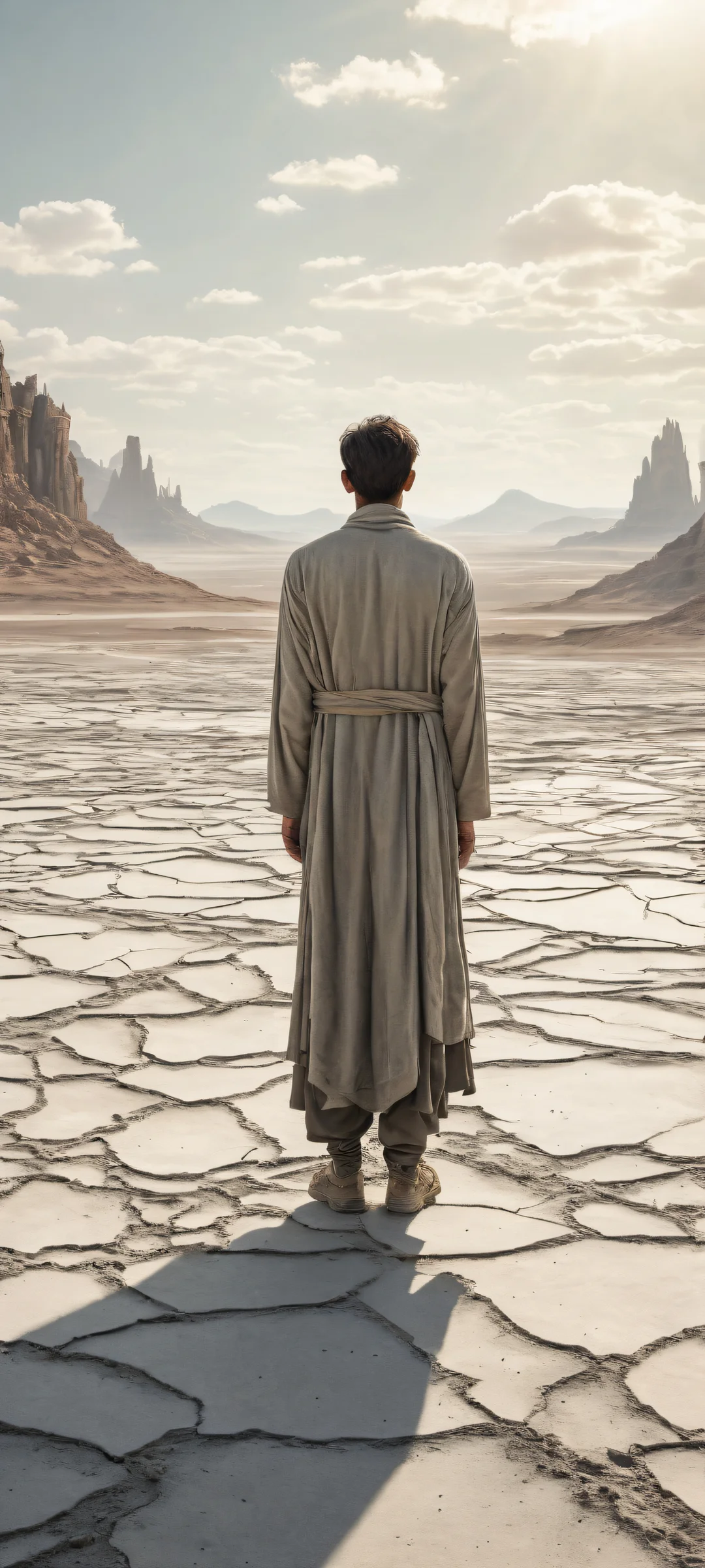 A lone figure stands in an open barren land, wearing intricate ash-like attire with crumbling edges, against a vast pure void and distant ash-covered terrain. Parfait pour les écrans d'accueil iPhone/Android.