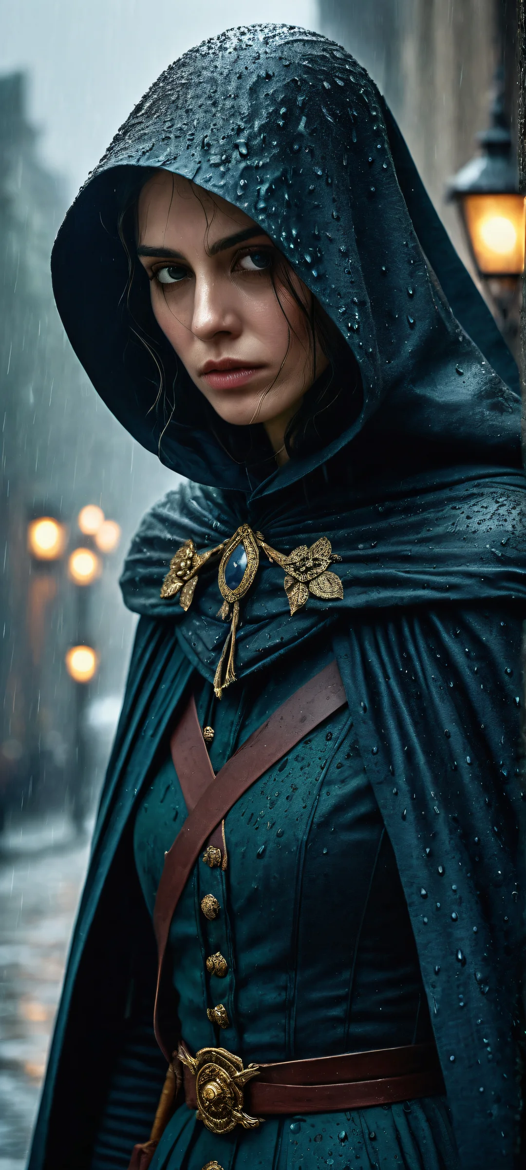 A melancholic vampire with a sad face, dressed in a cape and holding a rapier, set against a misty rainy background. Perfeitamente otimizado para iPhone, Galáxia Samsung, e telas iniciais do Android.