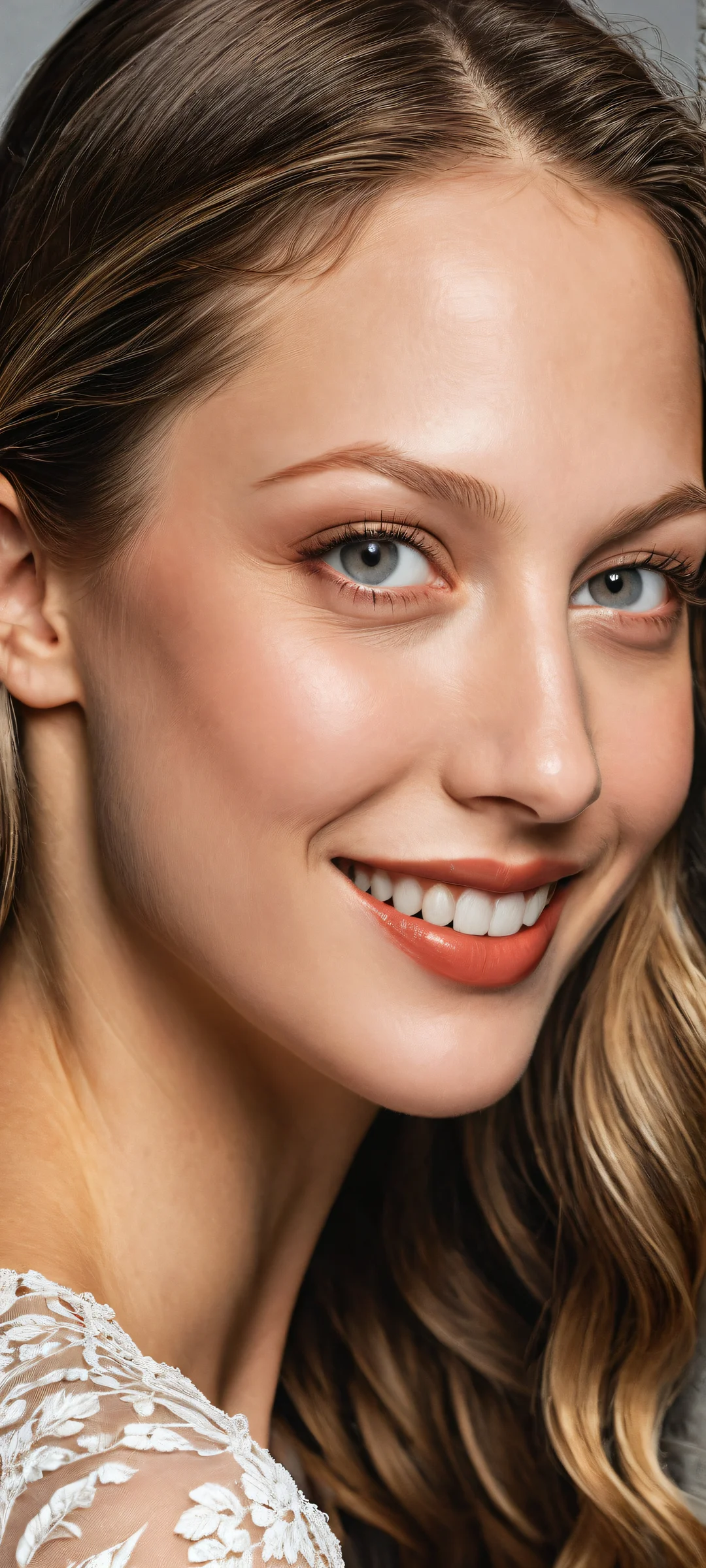 A stunning portrait of Melissa Benoist looking directly at the viewer with intricate micro-details on her facial features, perfect for iPhone and Android home screens.