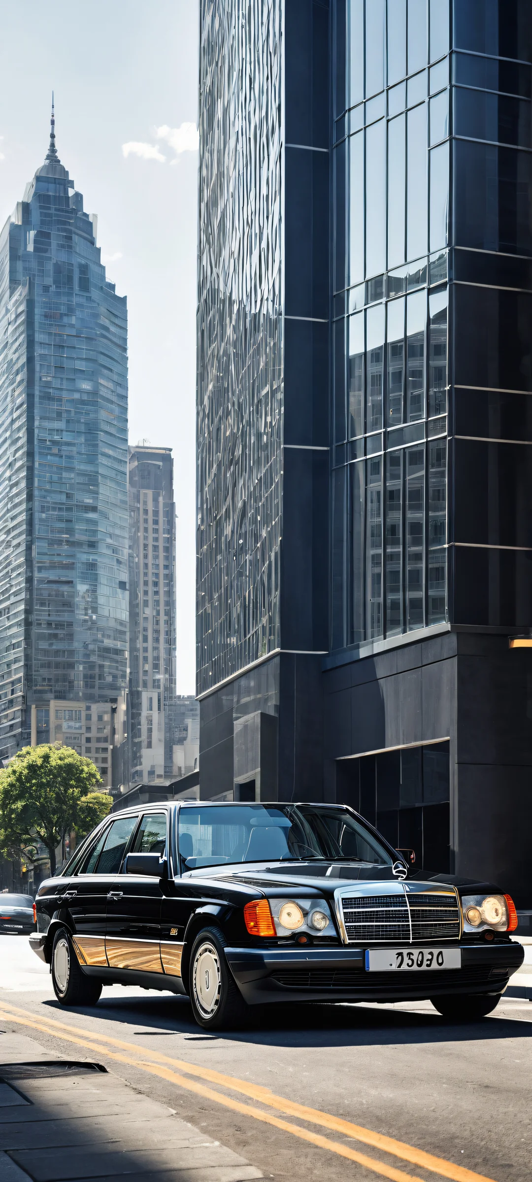 iPhone and Android wallpaper featuring a Mercedes-Benz W124 in stunning 8K resolution with intricate details, perfect for mobile home screens.