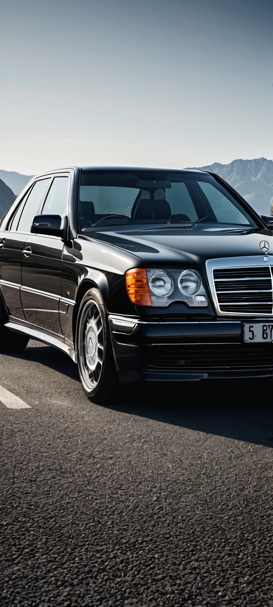 Breathtaking portrait of a Mercedes-Benz W124 with intricate micro-details on its sleek frontal view, iPhone と Android のホーム画面に完全に最適化.