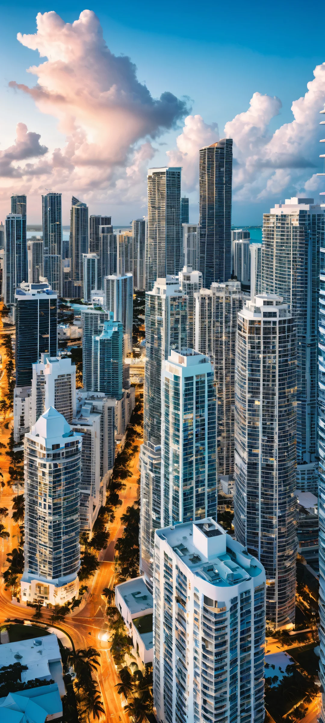 A breathtaking vertical portrait artwork of Miami's cityscape, perfectly optimized for iPhone/Android home screens. Radiant ambient light and ethereal soft-box lighting create an otherworldly atmosphere.