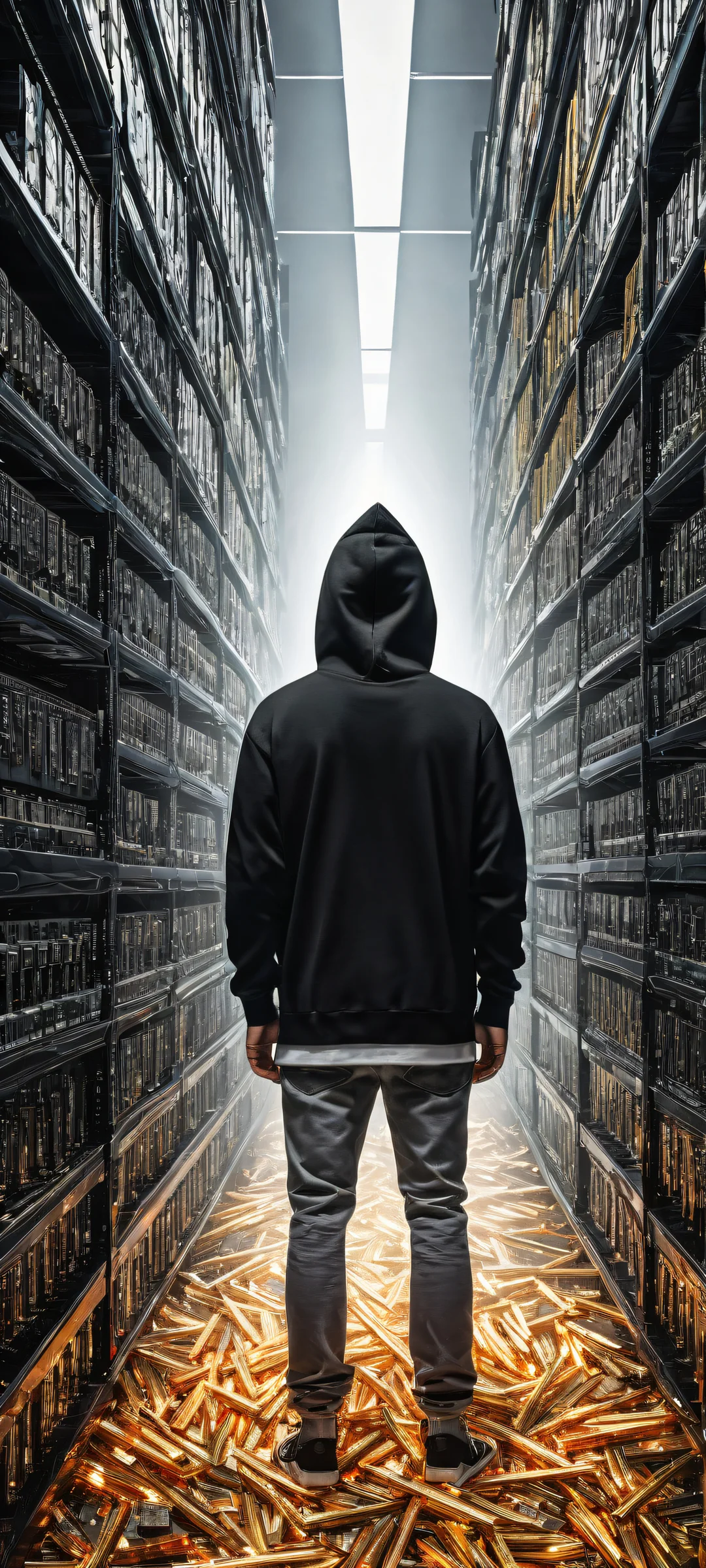 A man in a black hoodie takes a micro-break from gaming, accidentally spilling RAM sticks and GPUs all over the floor. Perfekt optimiert für das iPhone, Samsung Galaxy, und Android-Startbildschirme.