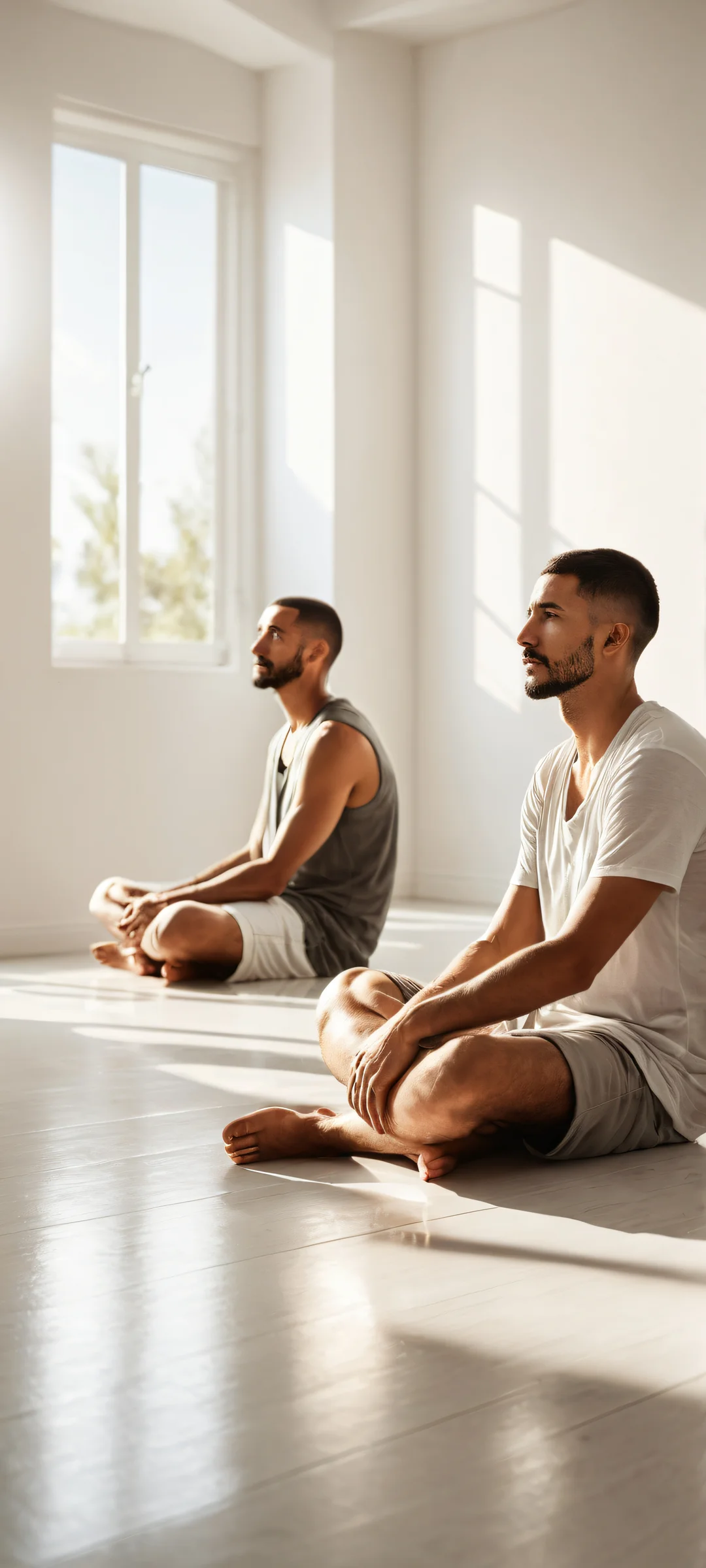 Two men sitting barefoot on the floor, iPhone/Android perfect for a relaxing home screen.