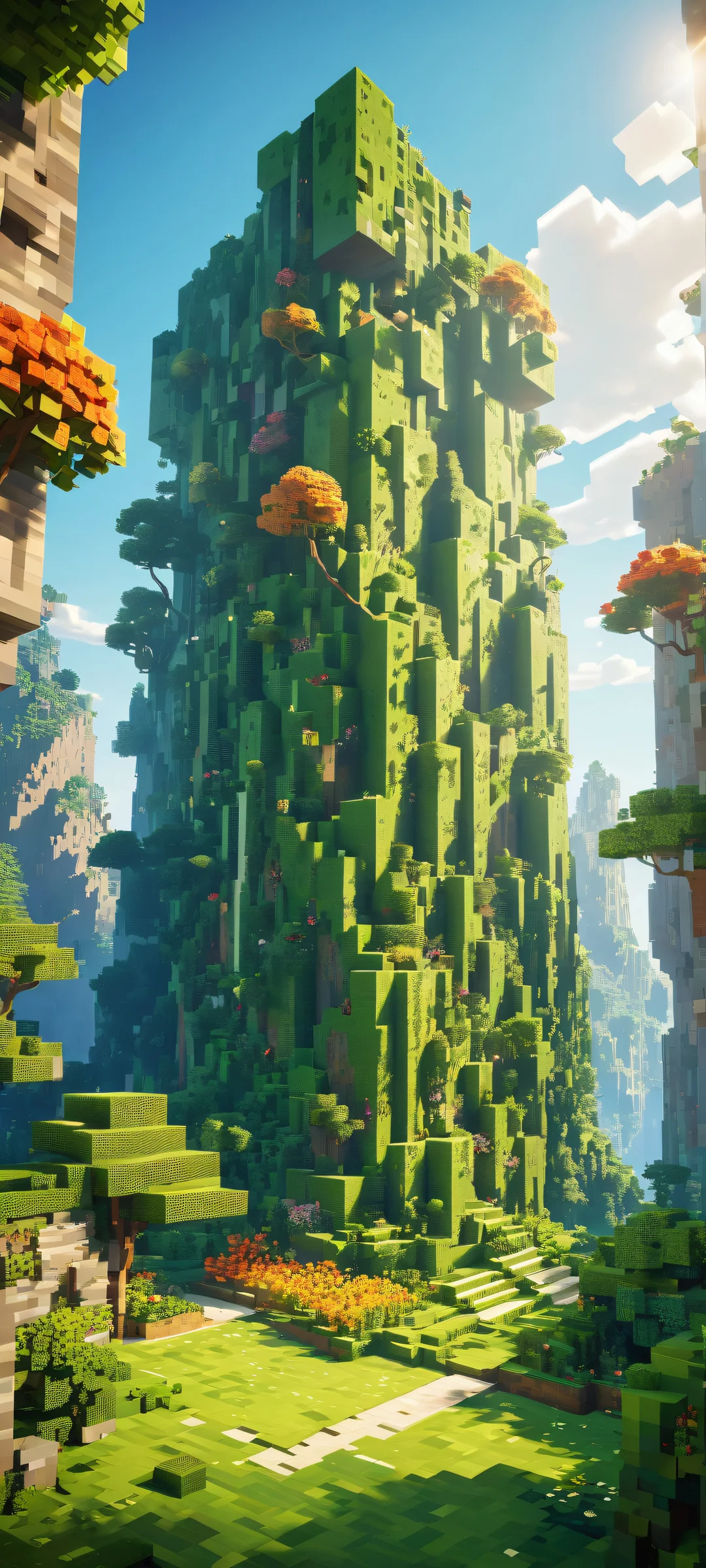 iPhone/Android background featuring a Minecraft-inspired landscape with intricate details and ethereal lighting.