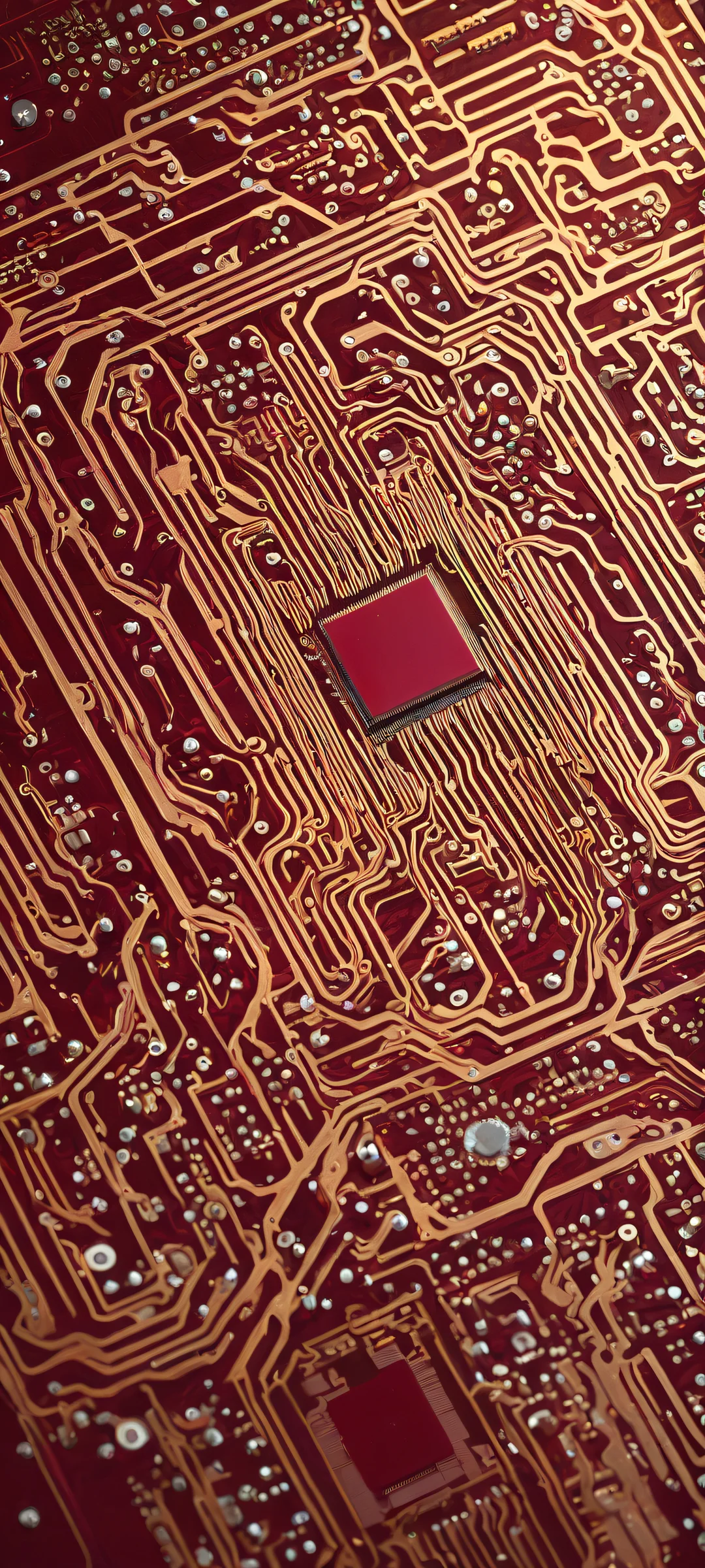 A worn-out computer chip placed on a deep maroon background, with a faint outline of a trollface blending into the color. Perfecto para pantallas de inicio de iPhone/Android.