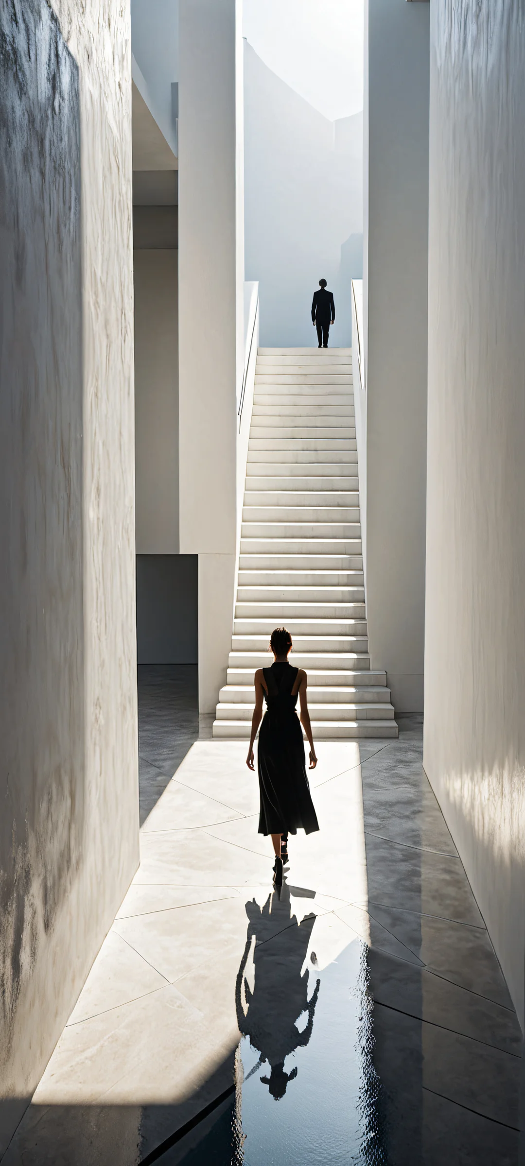 A lone figure pauses mid-step on a minimalist background, casting two opposing shadows on iPhone/Android screens.
