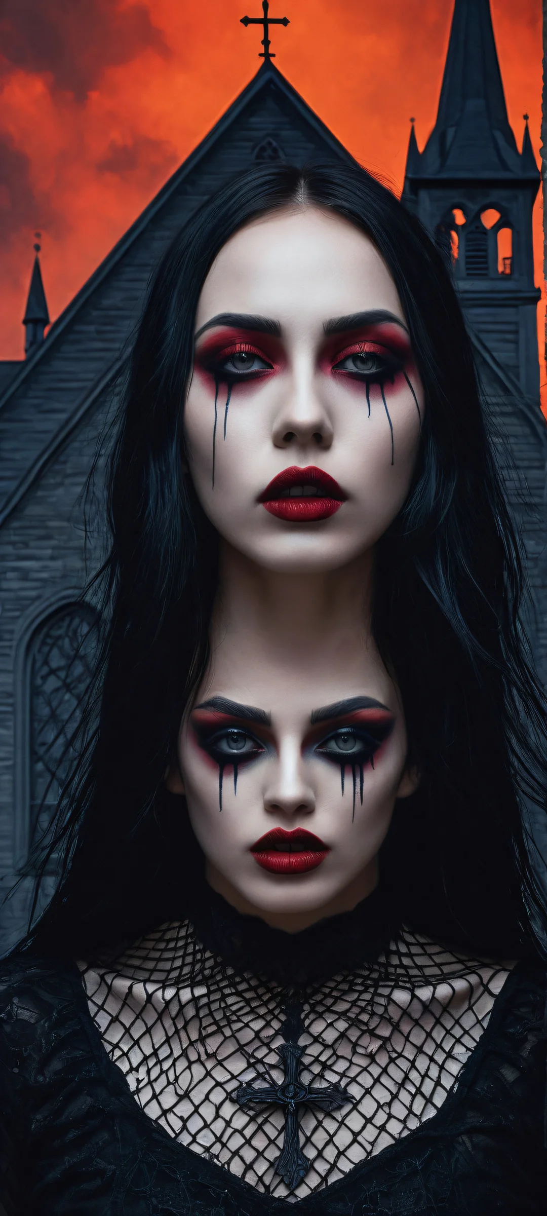 Midnight Allure 2K Phone Wallpaper An abstract portrait of a young goth woman placed in the lower-middle, with intricate micro-details revealing her dark allure. Features an old black church and a terrifying glitched scarecrow looming in the distance on a LA backdrop.