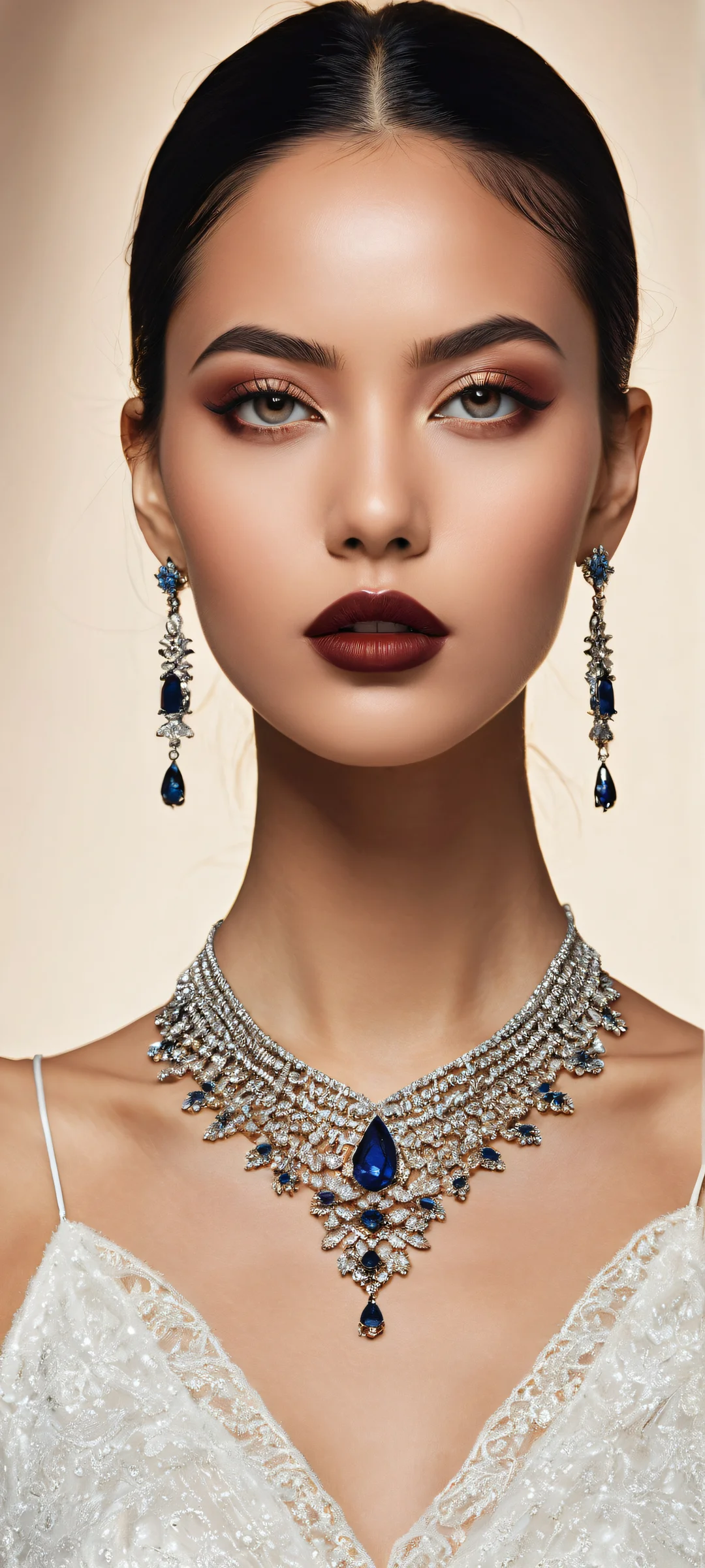 Stunning portrait of a model with black hair and piercing eyes on a pure void background. Parfait pour les écrans d'accueil iPhone/Android.