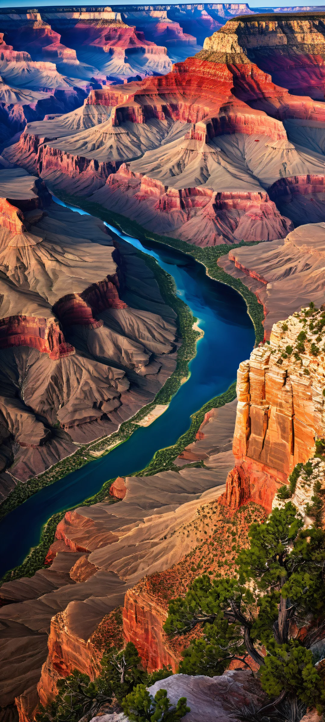 Breathtaking vertical portrait of the Grand Canyon at midnight, with red rock formations and blooming nature, iPhone/Androidのホーム画面に完全に最適化.
