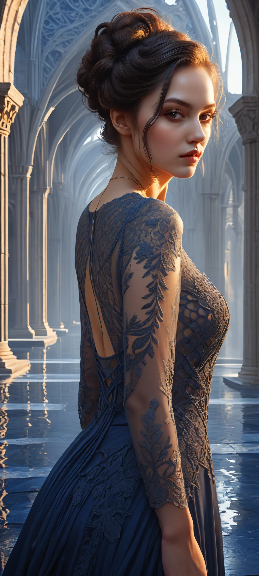 A mysterious woman with intricate lace patterns and gothic architecture adorns her attire, parfaitement optimisé pour les écrans d'accueil iPhone/Android.