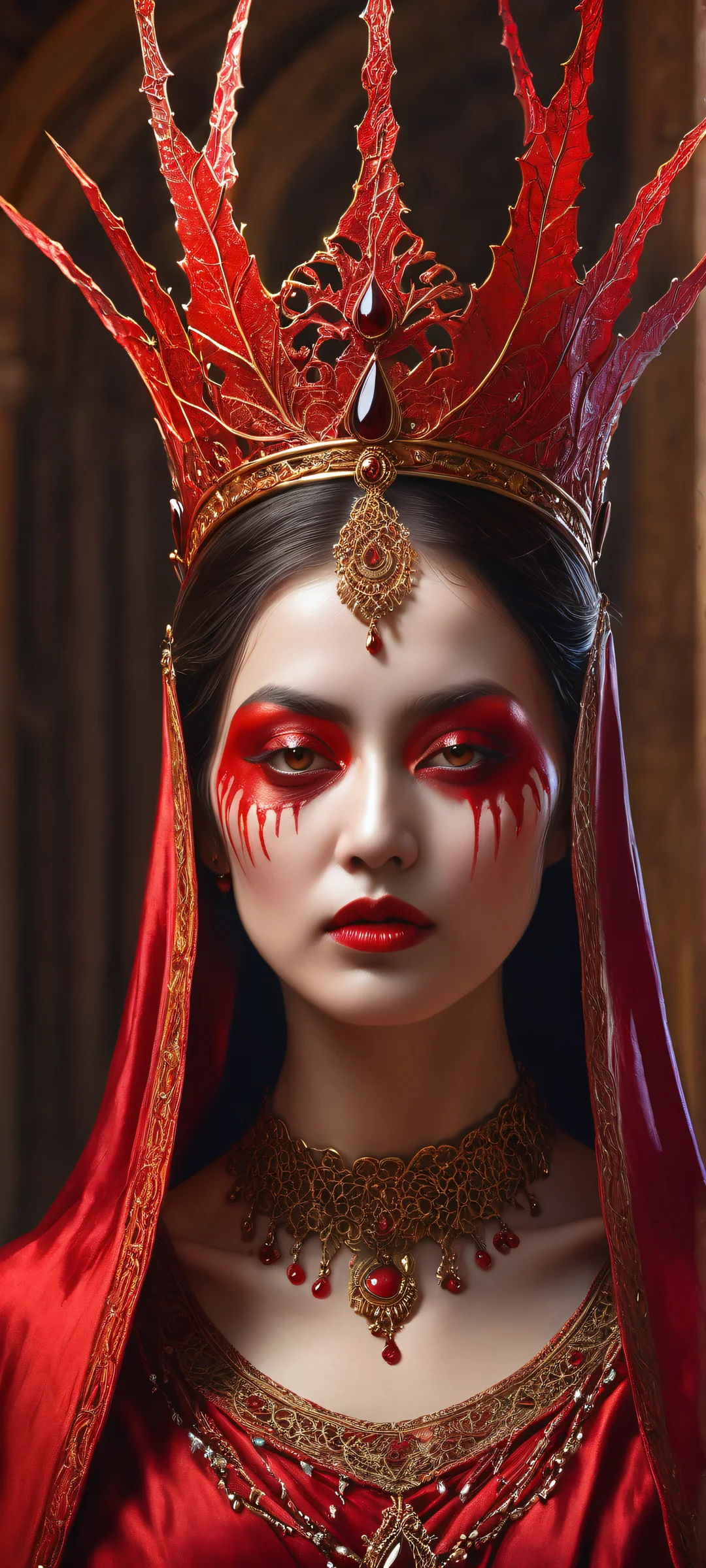 A mysterious portrait of a figure in crimson robes, surrounded by masked figures and ornate thorns, iPhone/Androidのホーム画面に完全に最適化.