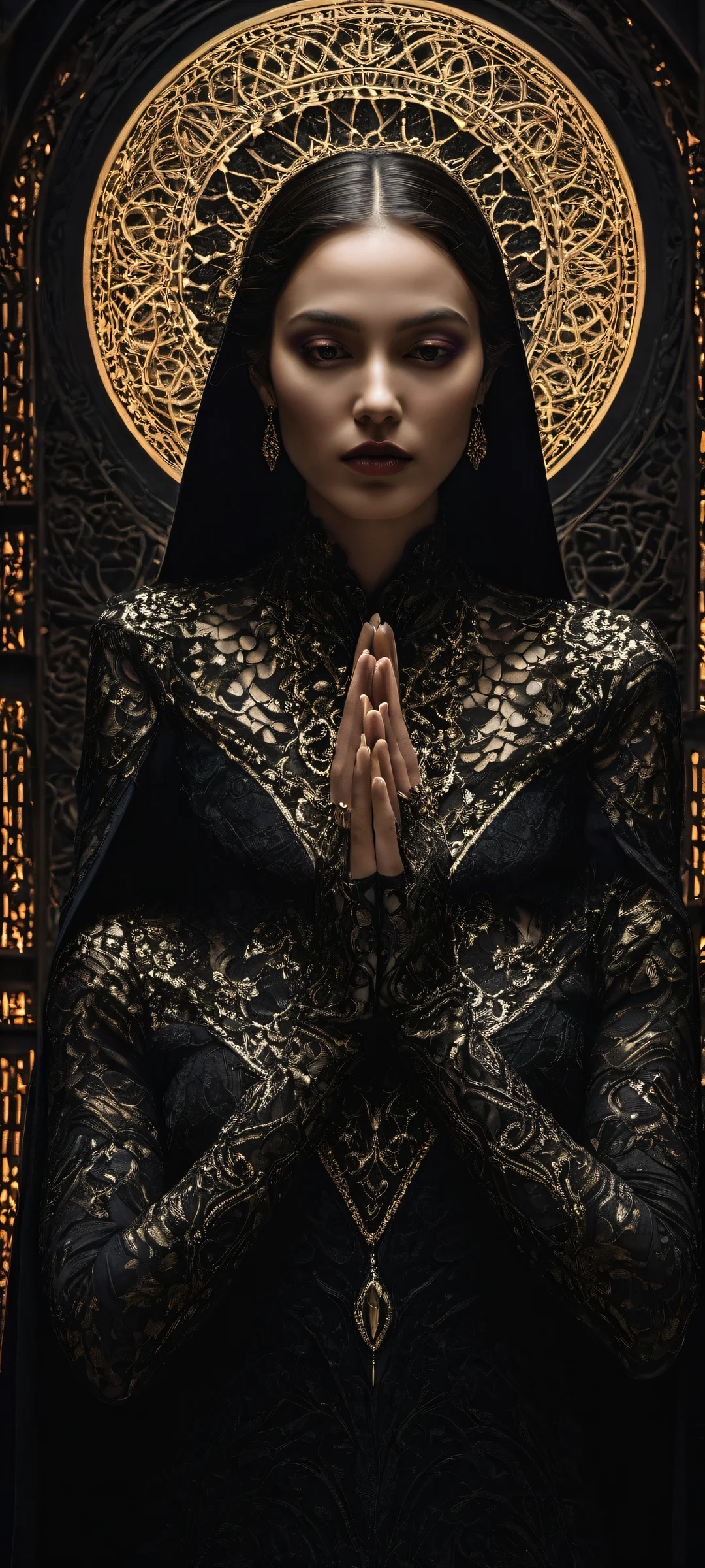 A hauntingly beautiful gothic artwork featuring a figure in the lower-middle, surrounded by intricate micro-details and a vast void with a crescent moon shape. Perfect for iPhone/Android home screens.